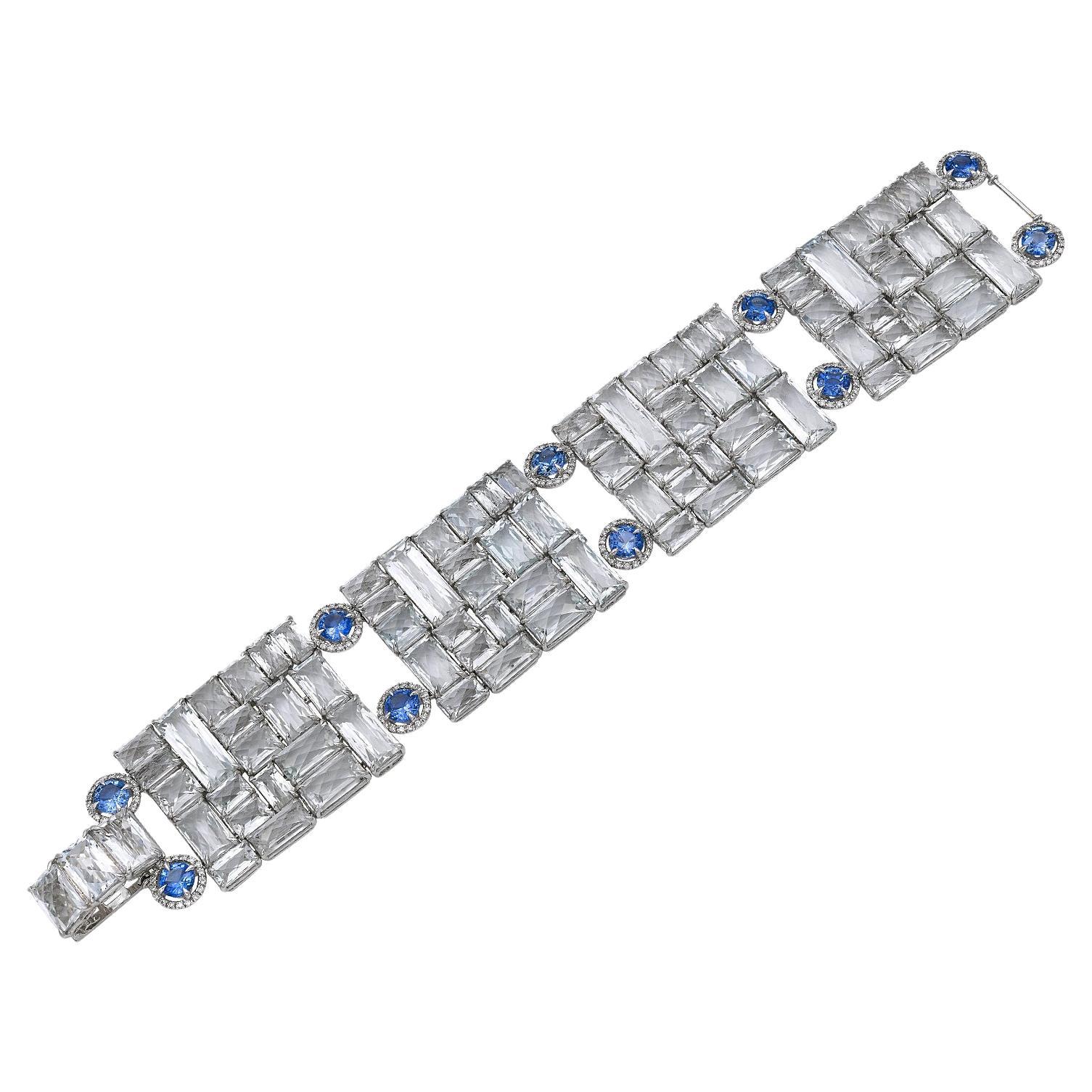 Diamond Sapphire Topaz 18 Karat White Gold Bracelet For Sale