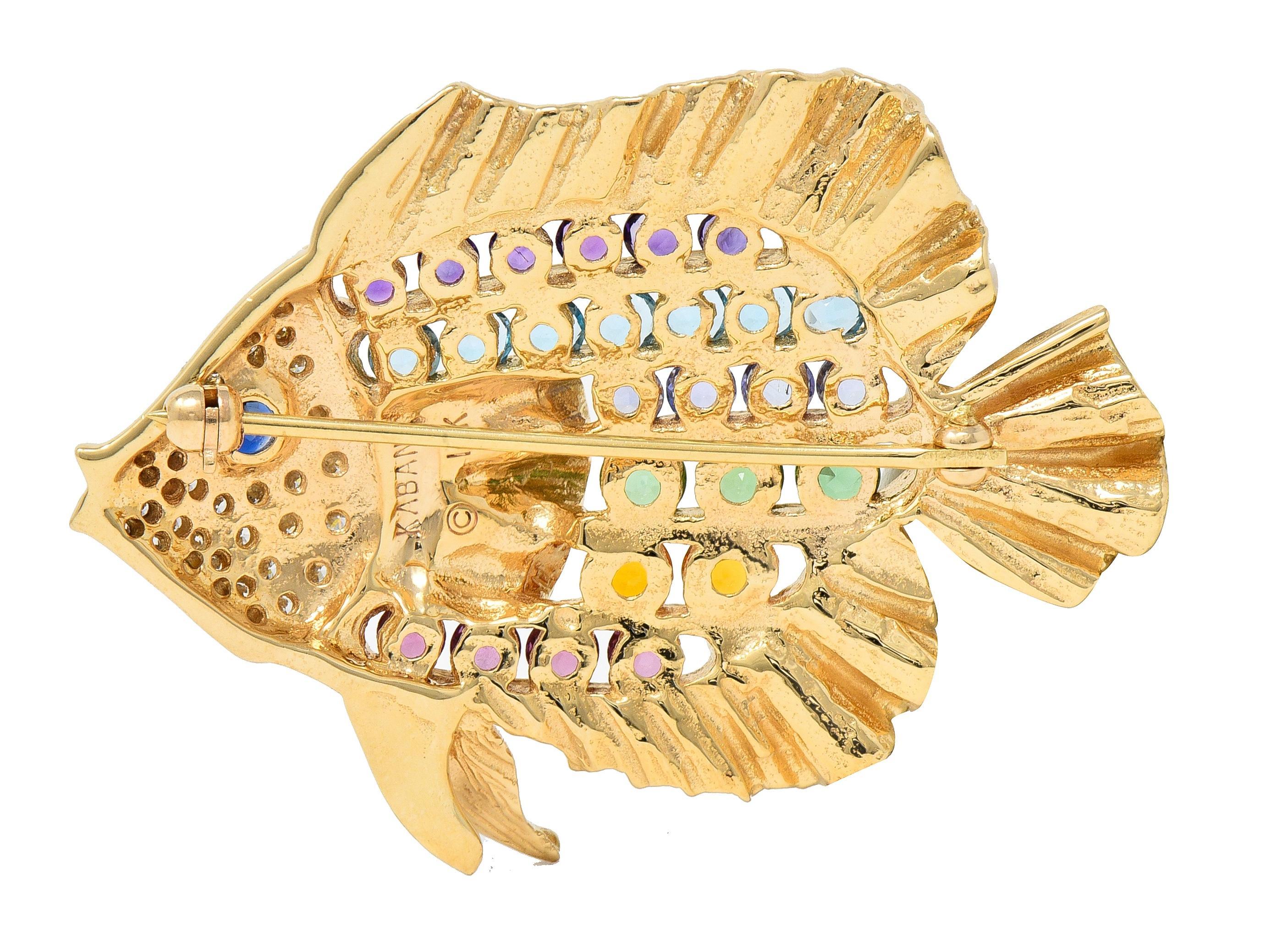 Round Cut Diamond Sapphire Topaz Citrine Multi-Gem 14 Karat Gold Vintage Fish Brooch For Sale