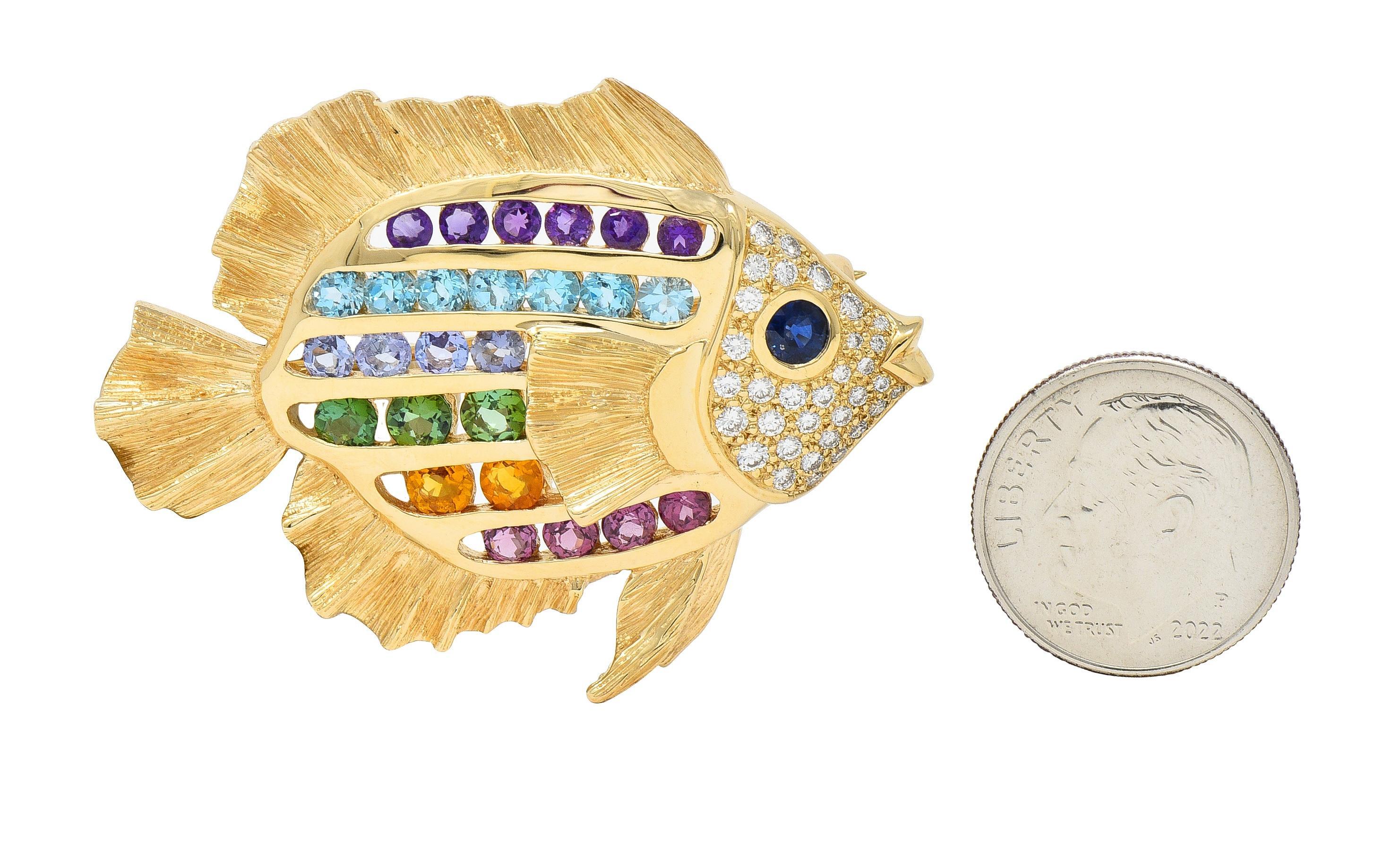 Diamond Sapphire Topaz Citrine Multi-Gem 14 Karat Gold Vintage Fish Brooch For Sale 1