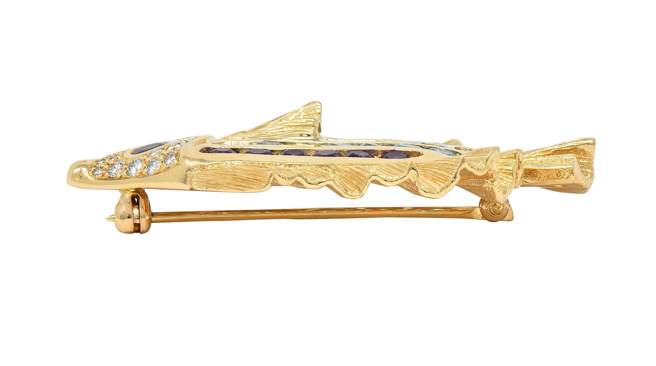 Diamond Sapphire Topaz Citrine Multi-Gem 14 Karat Gold Vintage Fish Brooch For Sale 3