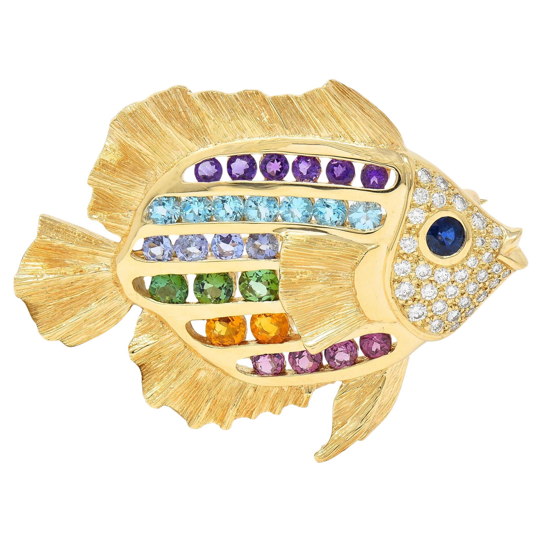 Diamond Sapphire Topaz Citrine Multi-Gem 14 Karat Gold Vintage Fish Brooch For Sale