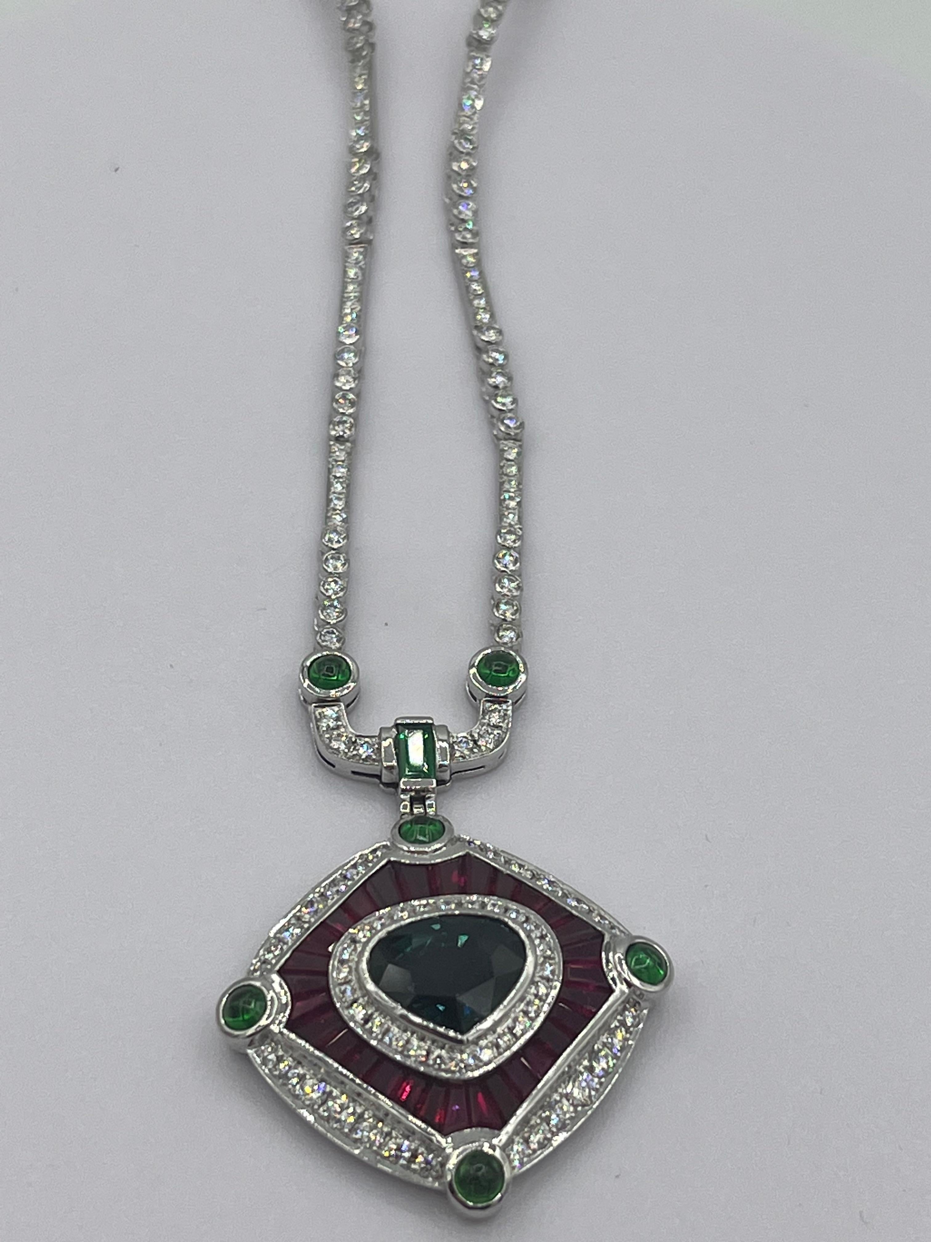 Mixed Cut 4ct diamond 4.75ct Sapphire 5.5ct. ruby Tsavorit 18k Necklace For Sale