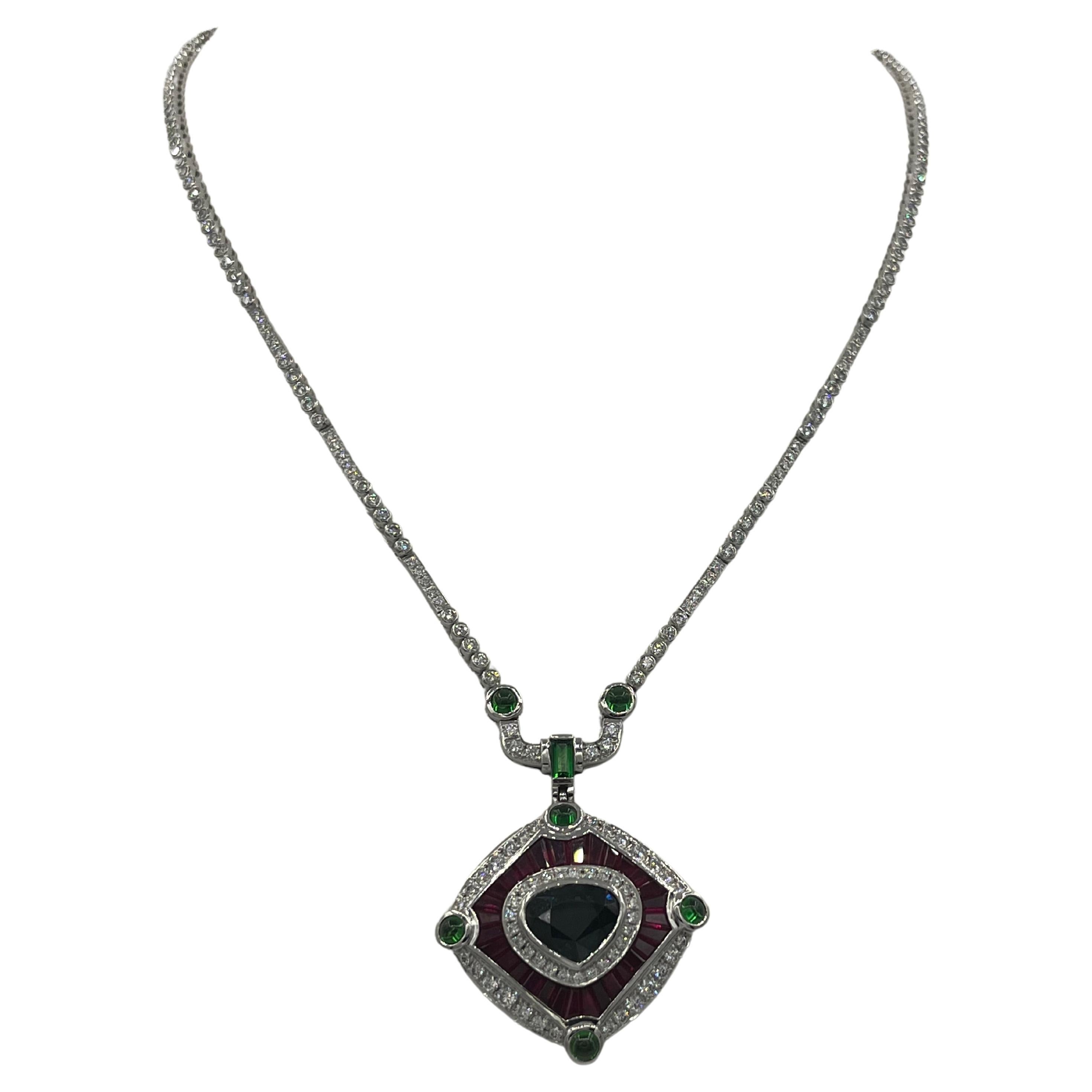 4ct diamond 4.75ct Sapphire 5.5ct. ruby Tsavorit 18k Necklace For Sale