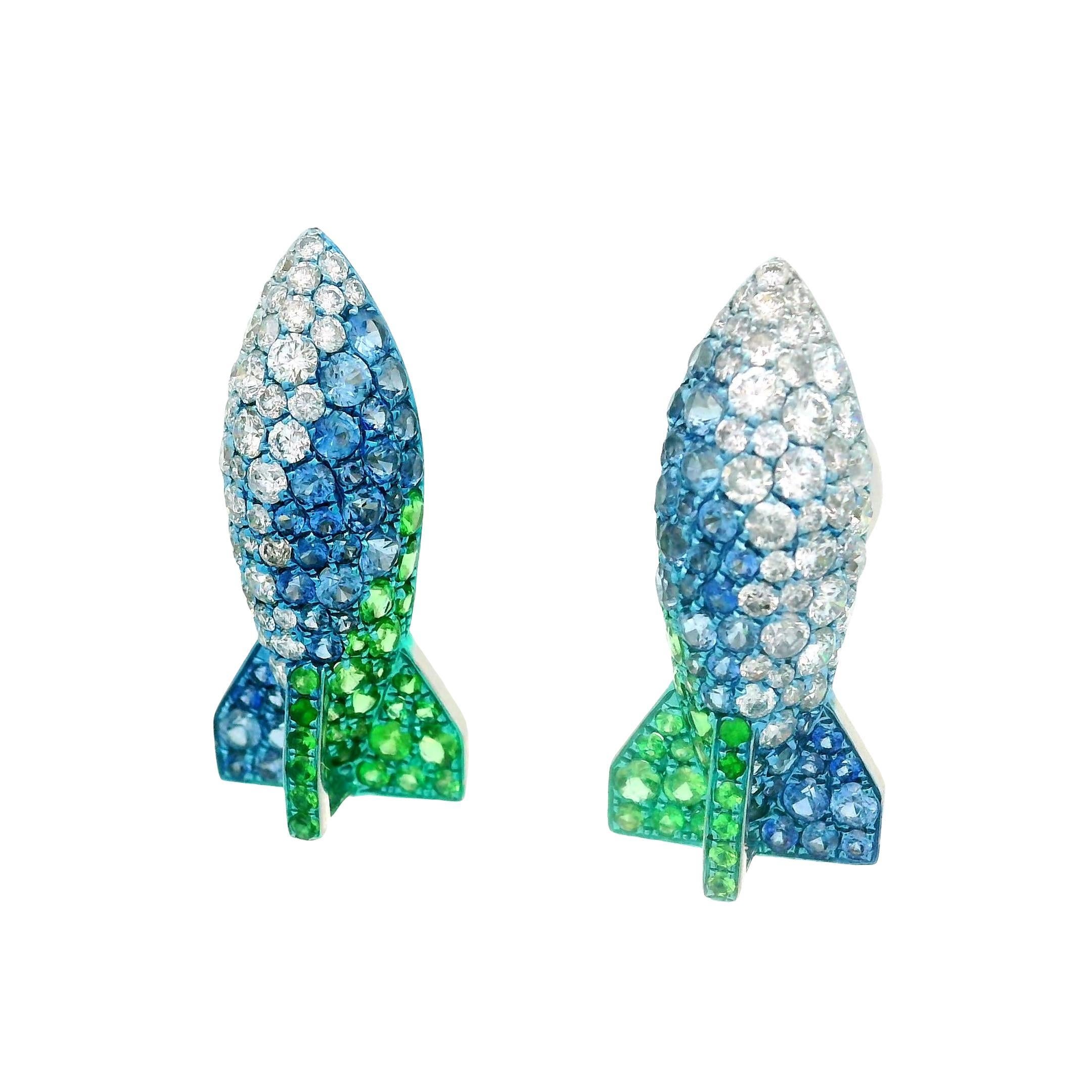 Pendientes Cohete Zafiro Diamante Tsavorita Oro Blanco 18k Contemporáneo en venta