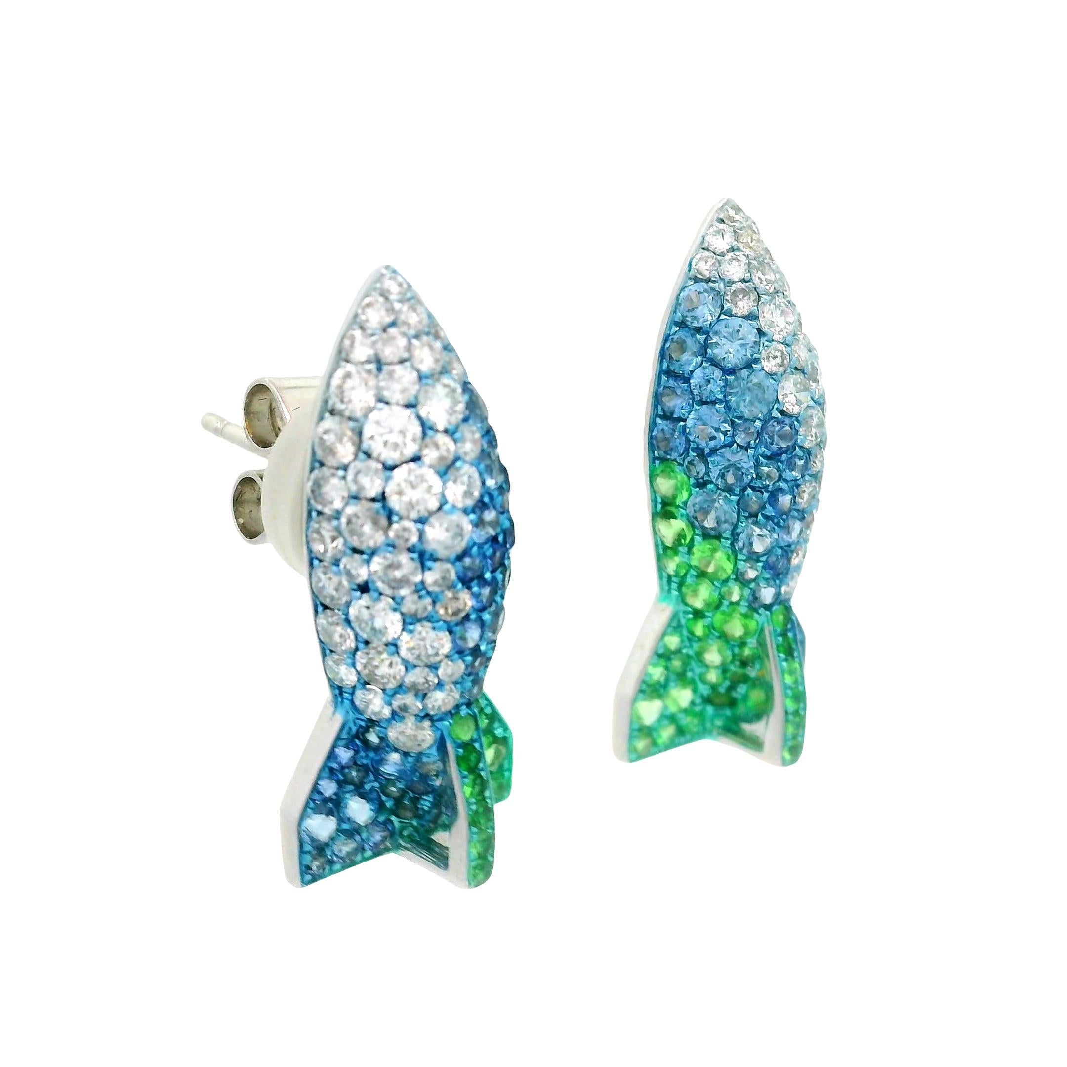 Pendientes Cohete Zafiro Diamante Tsavorita Oro Blanco 18k Corte redondo en venta