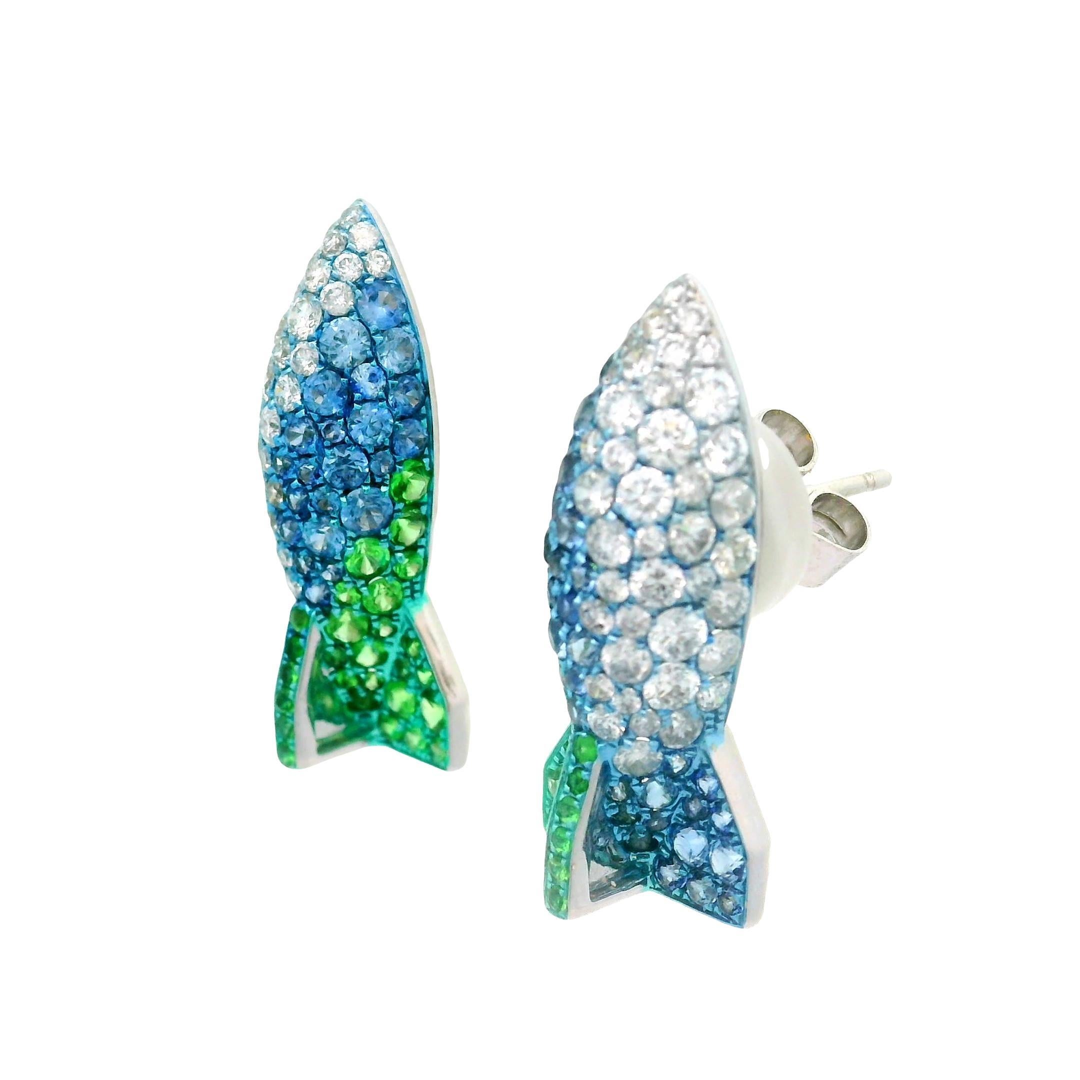 Pendientes Cohete Zafiro Diamante Tsavorita Oro Blanco 18k en Excelente estado para la venta en Beverly Hills, CA
