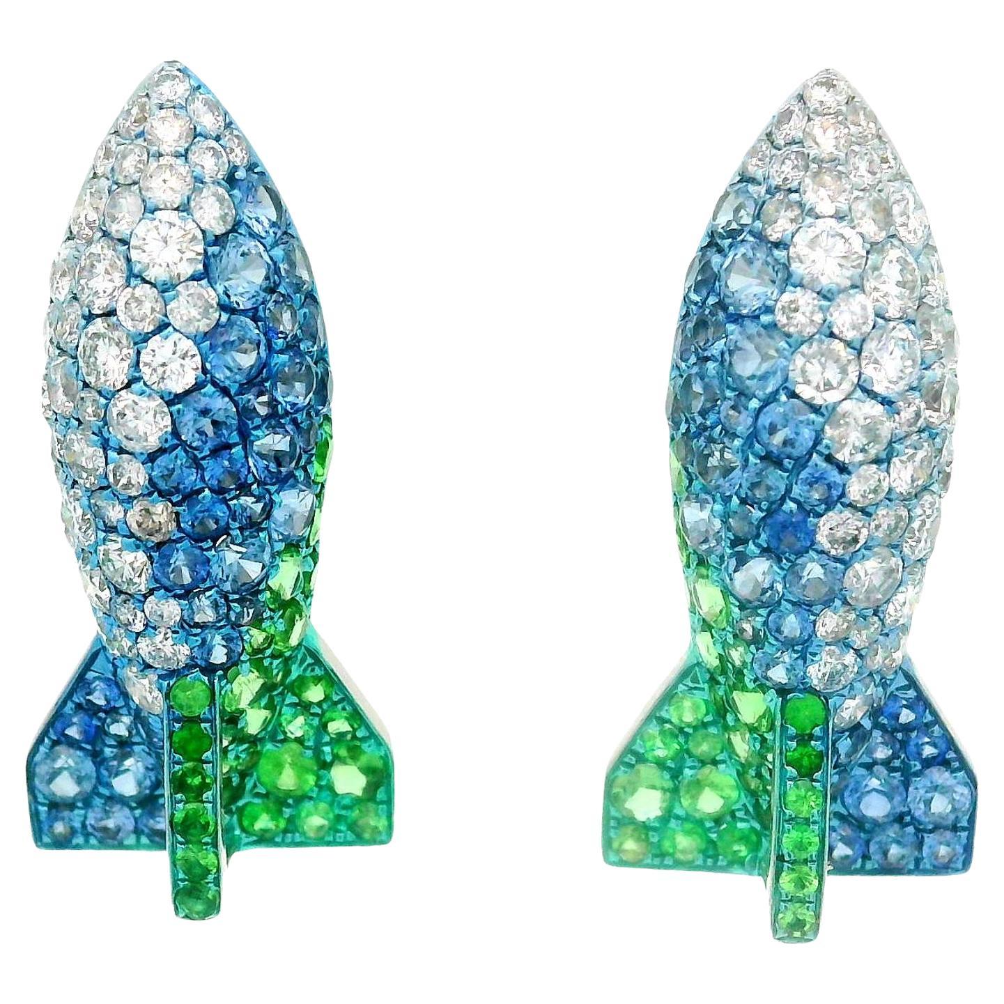 Pendientes Cohete Zafiro Diamante Tsavorita Oro Blanco 18k en venta