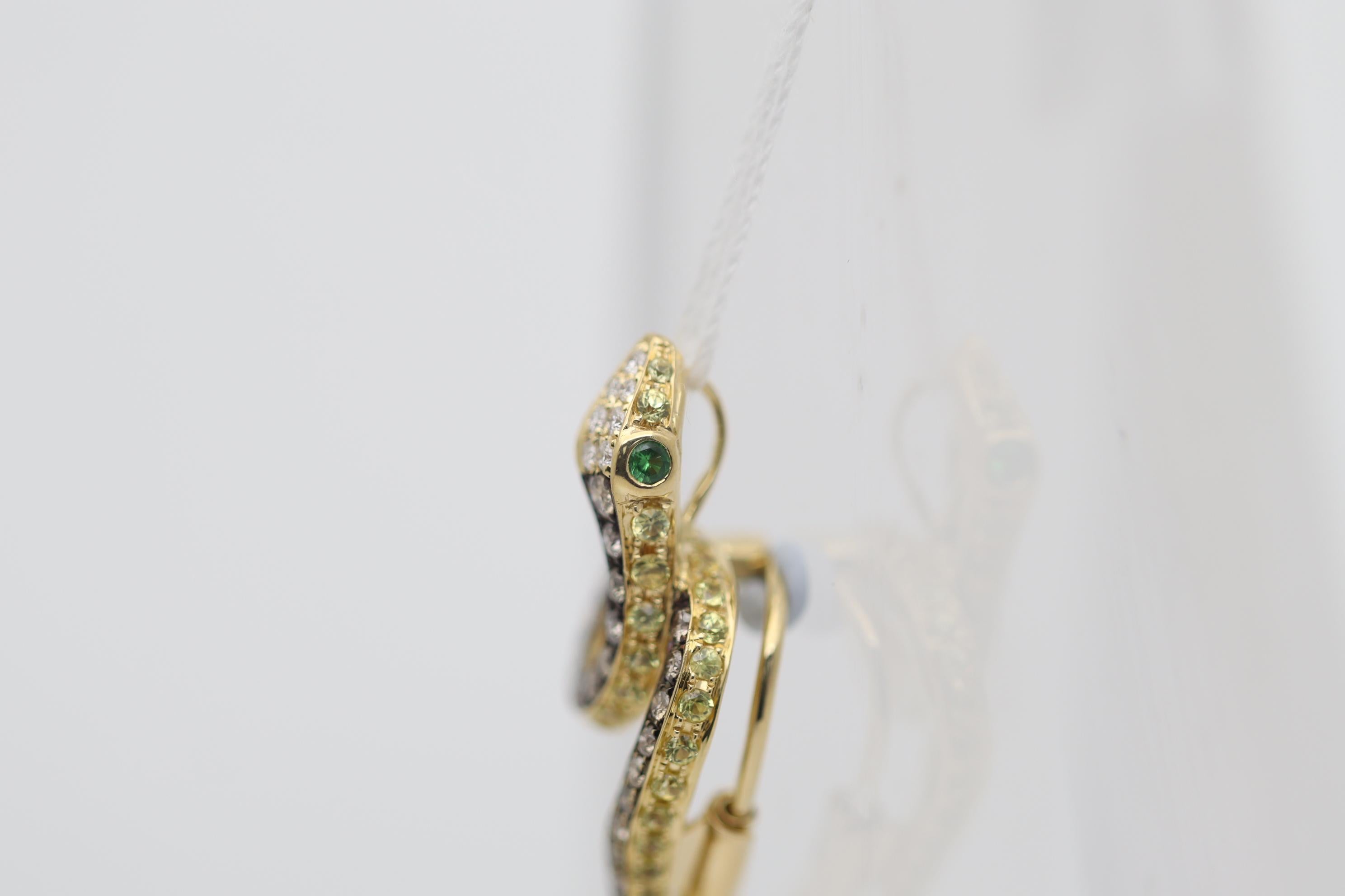 Round Cut Diamond Sapphire Tsavorite Gold Snake Pendant-Pin
