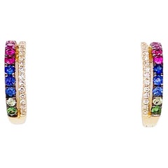 Diamond Sapphire & Tsavorite Huggie Hoop Earrings Diamonds & Gemstones 14K Gold
