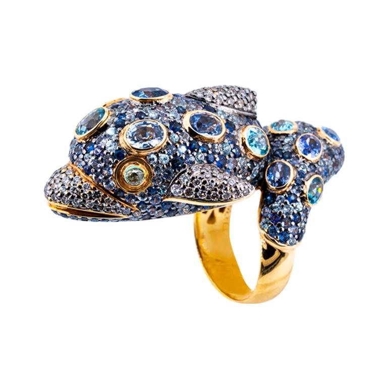 Modernist Olympus Art Certified Diamond, Sapphire, Tsavorite, Natural Zircon Dolphin Ring For Sale