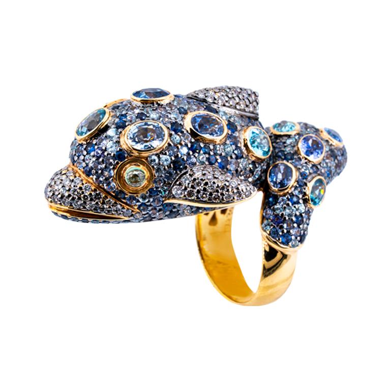Olympus Art zertifizierter Diamant, Saphir, Tsavorit, natürlicher Zirkon-Delphin-Ring (Brillantschliff) im Angebot