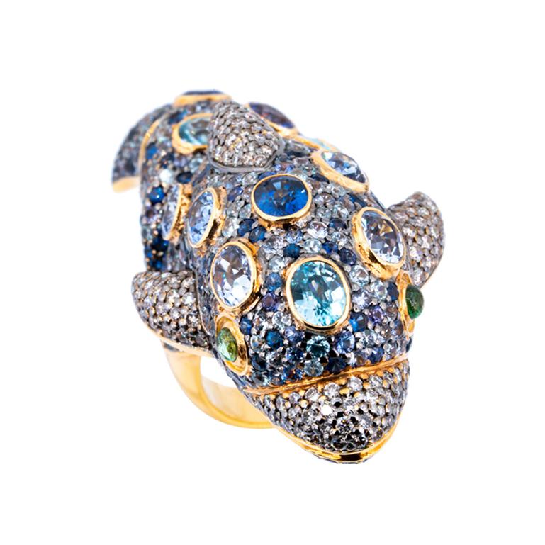 Brilliant Cut Olympus Art Certified Diamond, Sapphire, Tsavorite, Natural Zircon Dolphin Ring For Sale
