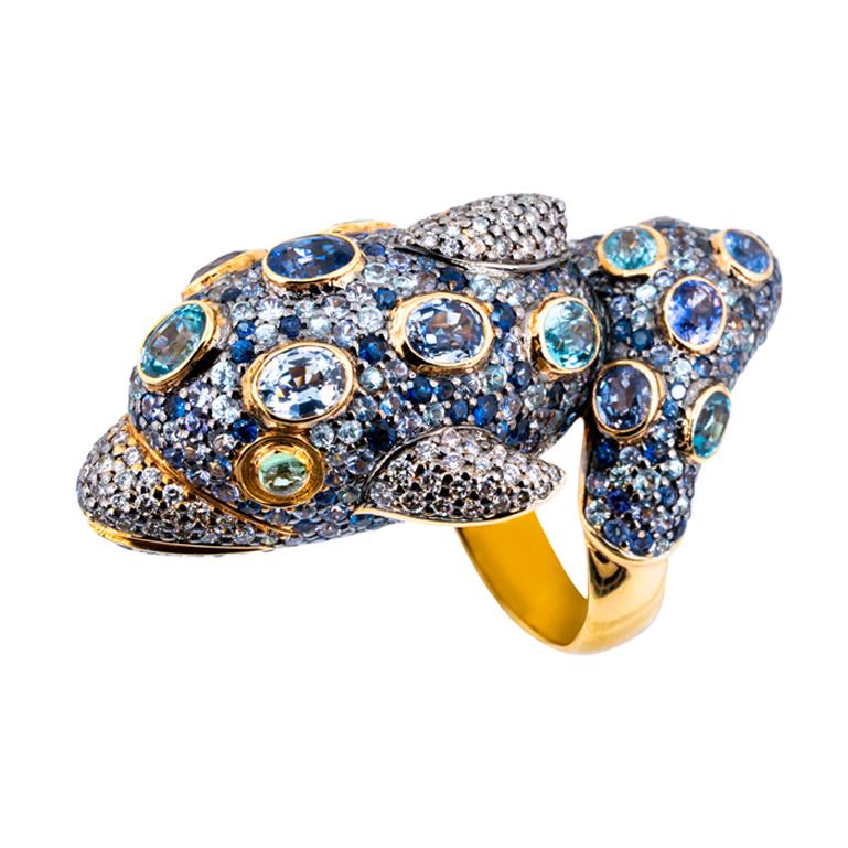 Olympus Art zertifizierter Diamant, Saphir, Tsavorit, natürlicher Zirkon-Delphin-Ring Damen im Angebot