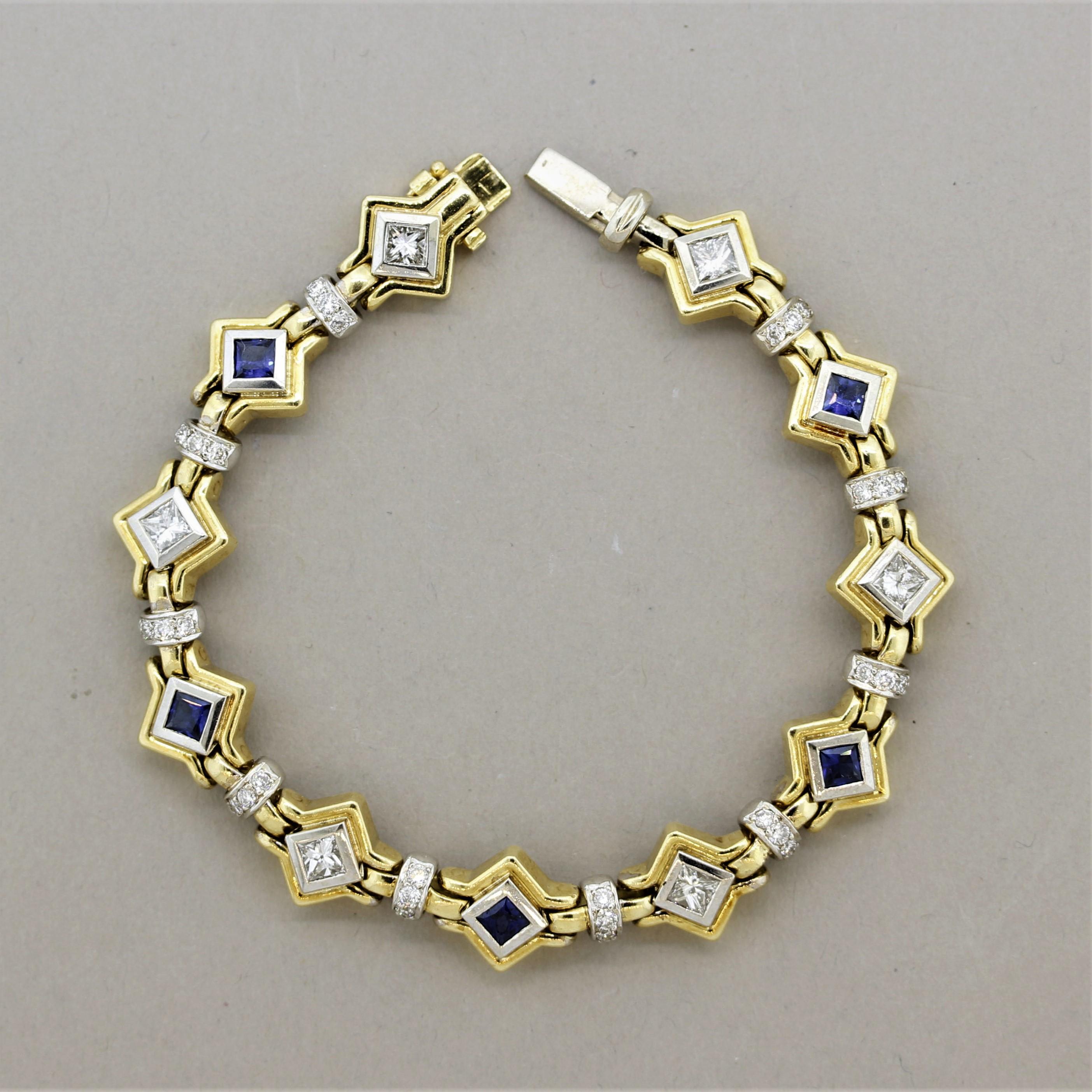 A stylish bracelet featuring 2.17 carats of fine round brilliant-cut and princess-cut diamonds. Adding to that are 1.44 carats of vivid blue square-shape sapphires adding color to the bracelet. Made in 18k white & yellow gold for an added contrast