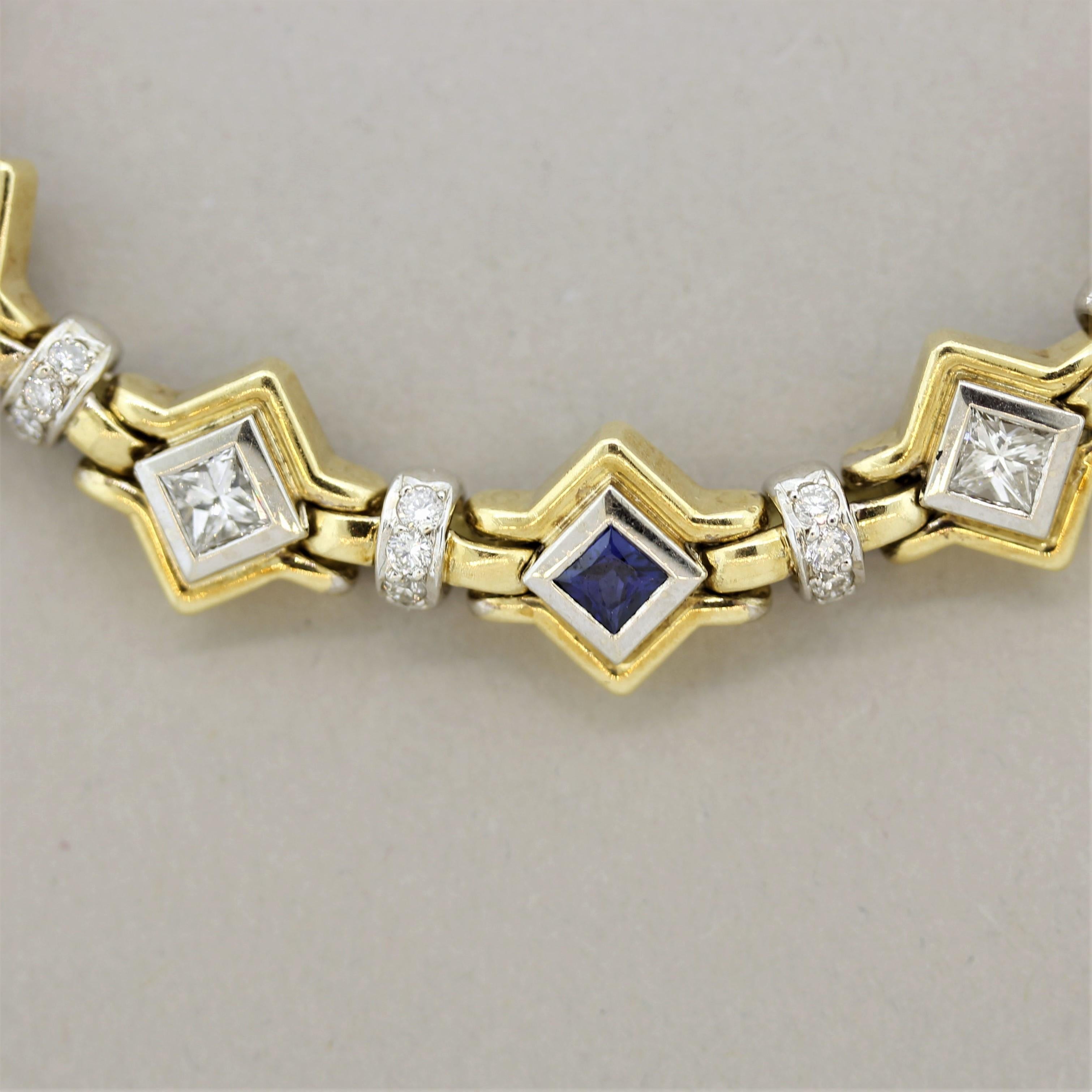 Mixed Cut Diamond Sapphire Two-Tone Gold Geometric Bracelet