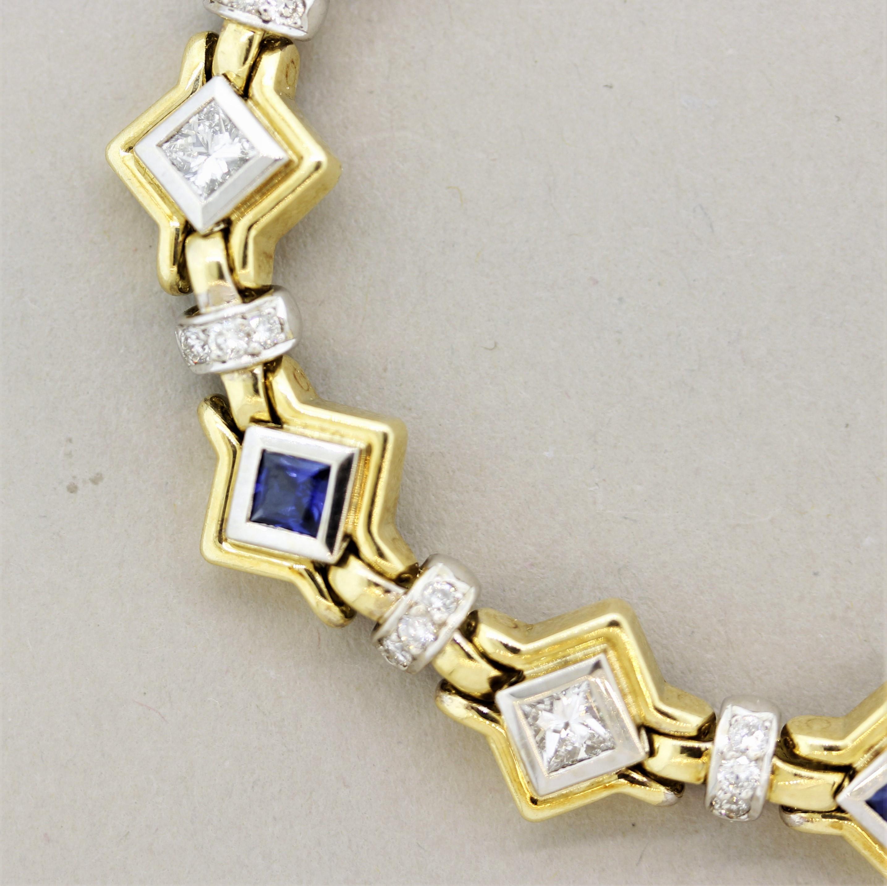 Diamond Sapphire Two-Tone Gold Geometric Bracelet In New Condition In Beverly Hills, CA