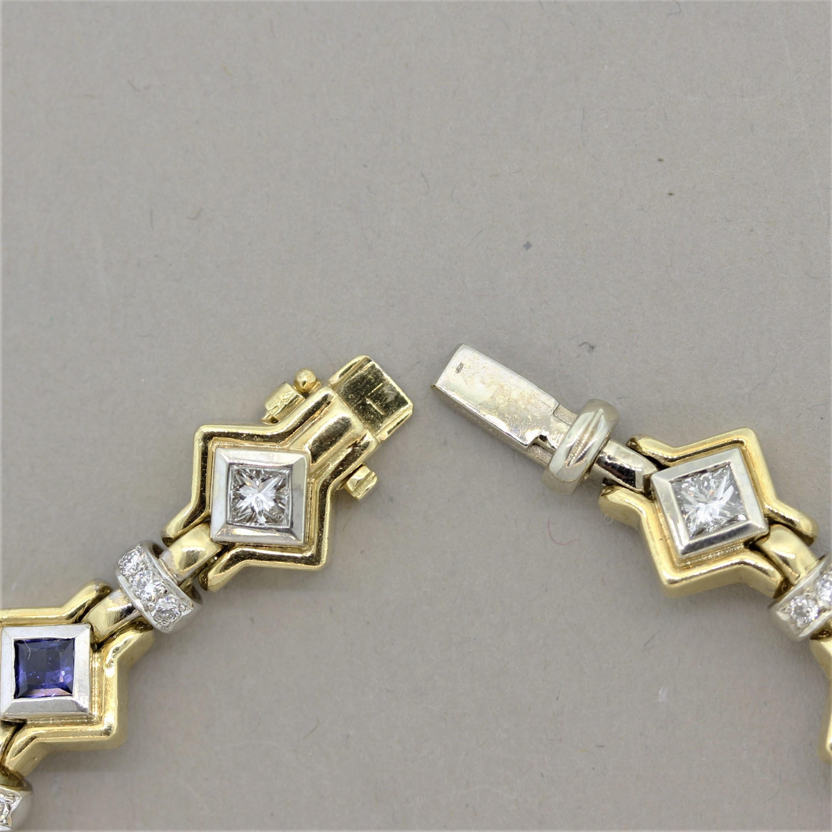 Women's Diamond Sapphire Two-Tone Gold Geometric Bracelet