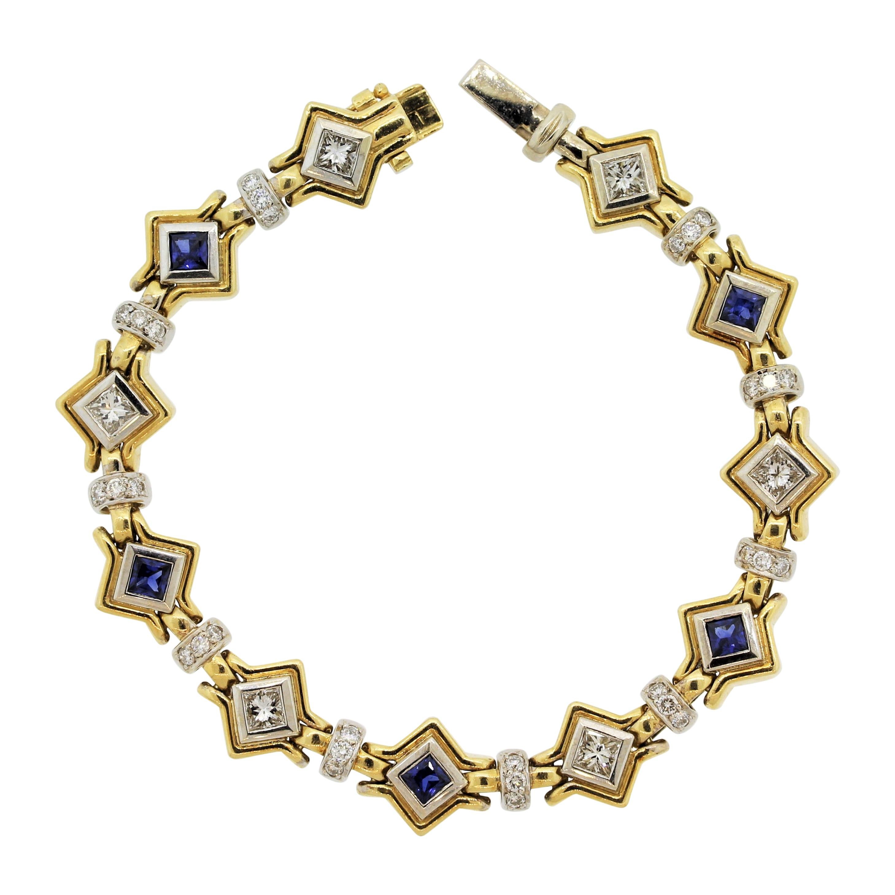 Diamond Sapphire Two-Tone Gold Geometric Bracelet