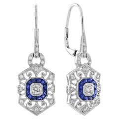 Zafiro diamante Pendientes blancos de gota calada estilo Art Déco de inspiración vintage