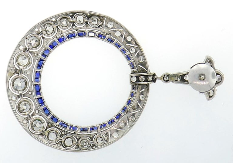 Diamond Sapphire White Gold Dangle Earrings, Art Deco 1930s For Sale 1