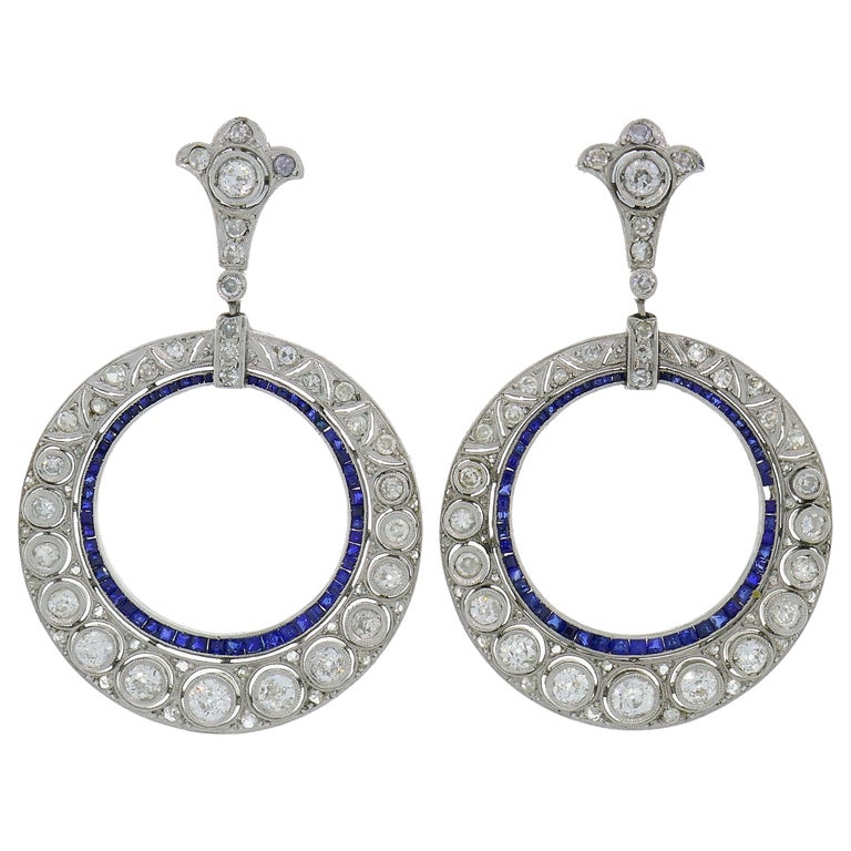 Diamond Sapphire White Gold Dangle Earrings, Art Deco 1930s For Sale