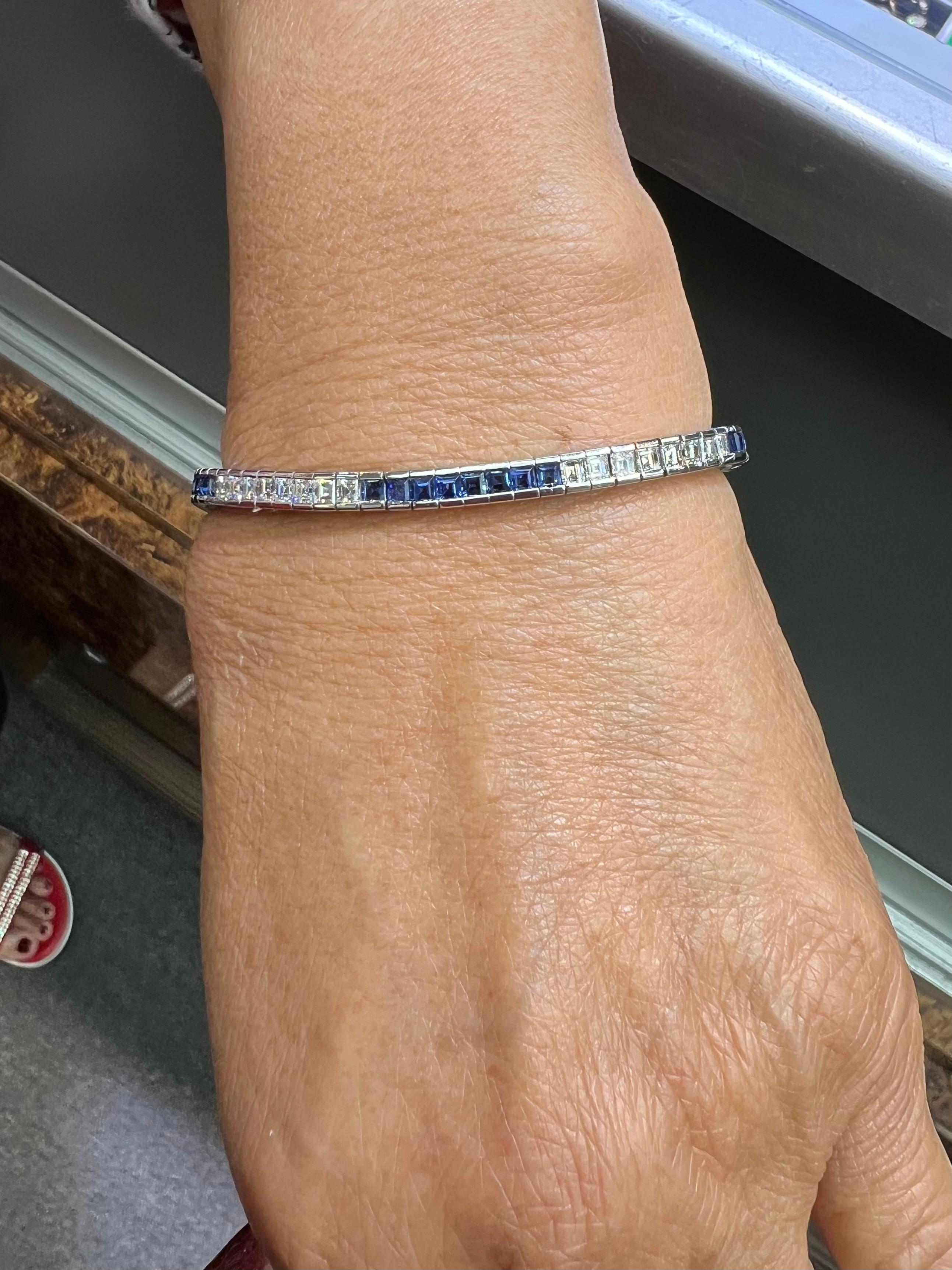 Diamond Sapphire White Gold Line Bracelet In Good Condition In Los Angeles, CA