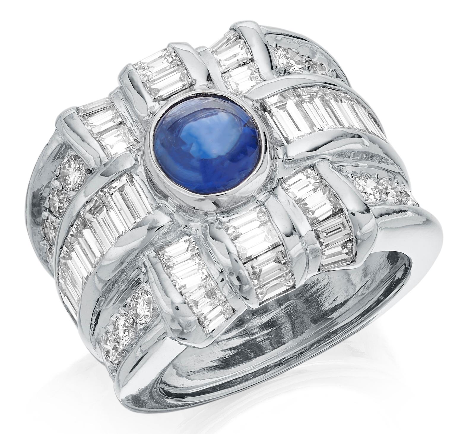 Modern Diamond & Sapphire 18K White Gold Ring - A Dramatic Statement Piece For Sale