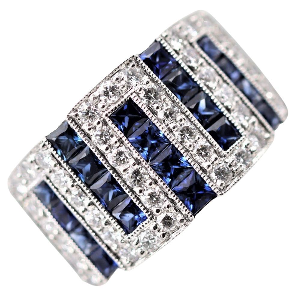 Diamond Sapphire Wide Platinum Band Ring For Sale