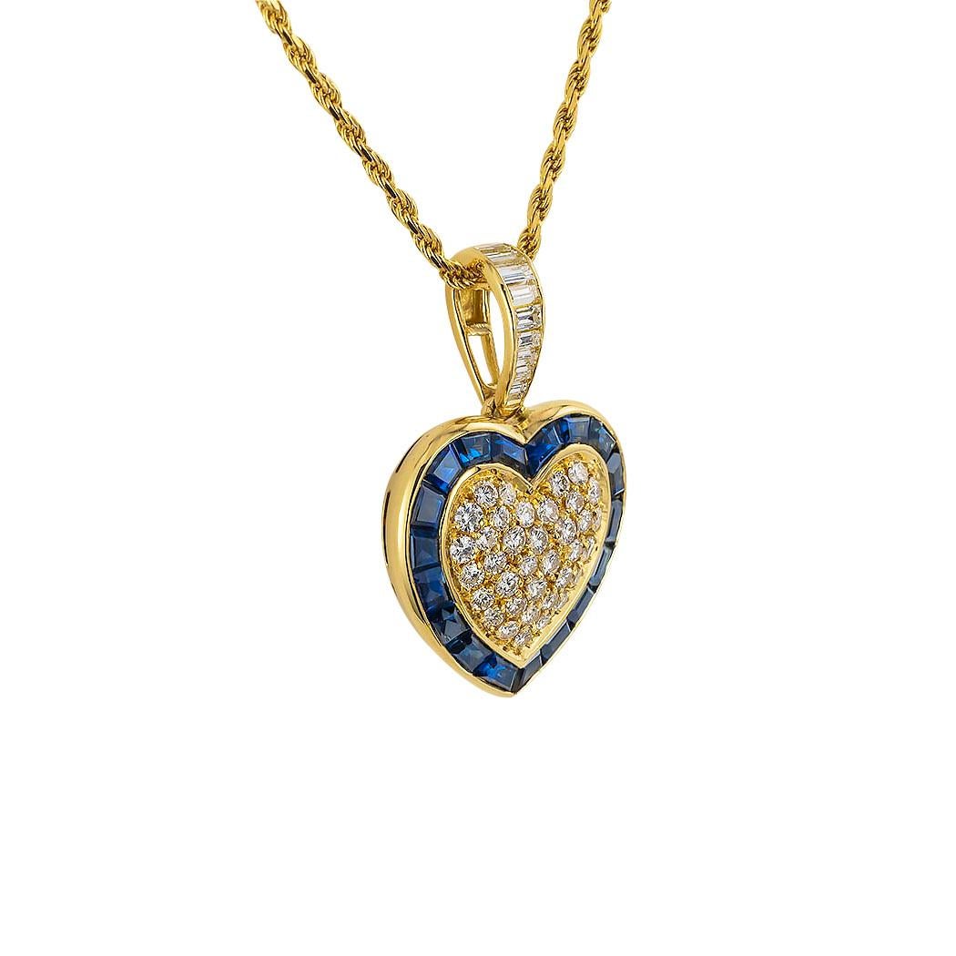 Diamond sapphire and yellow gold heart shaped pendant necklace circa 1990. Clear and concise information you want to know is listed below.  Contact us right away if you have additional questions.  We are here to connect you with beautiful and