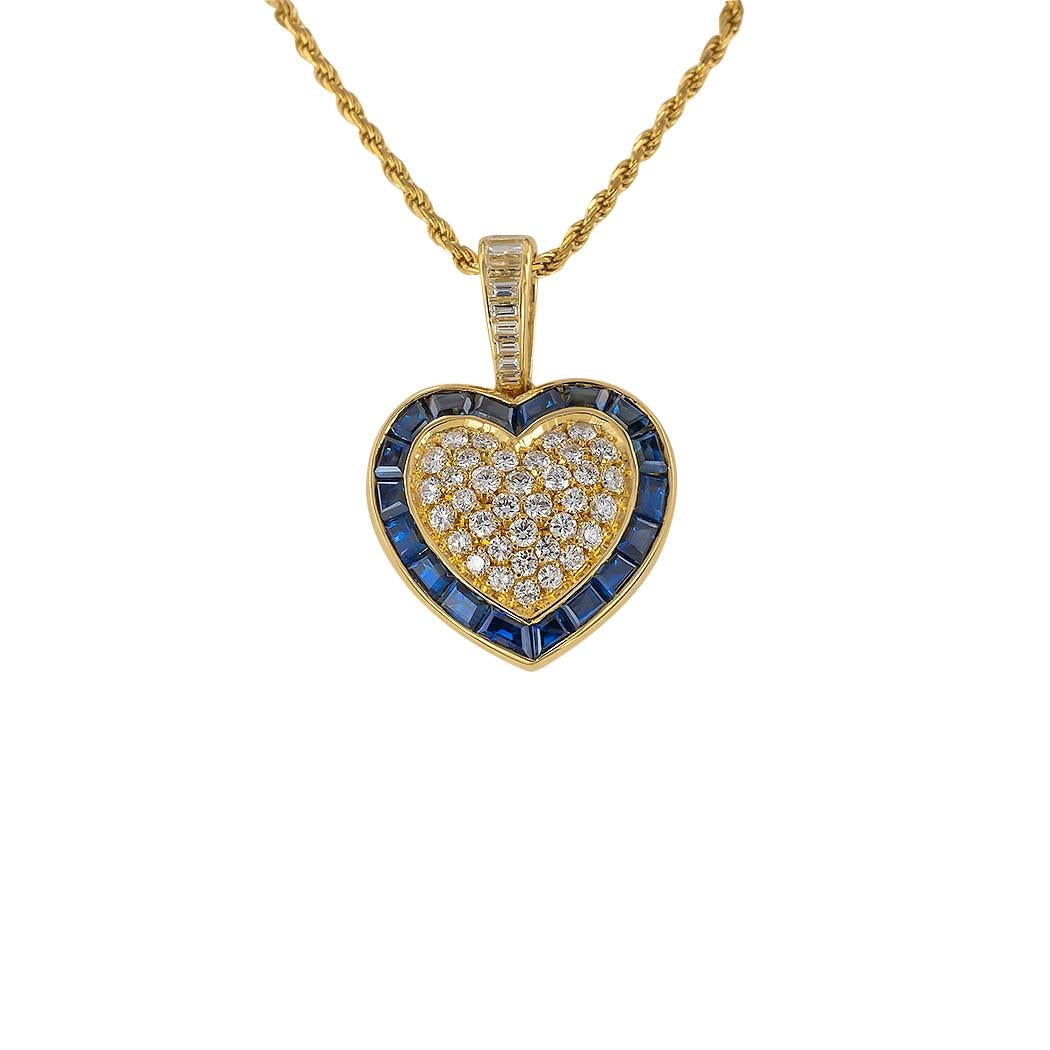 Contemporary Diamond Sapphire Yellow Gold Heart Shaped Pendant Necklace