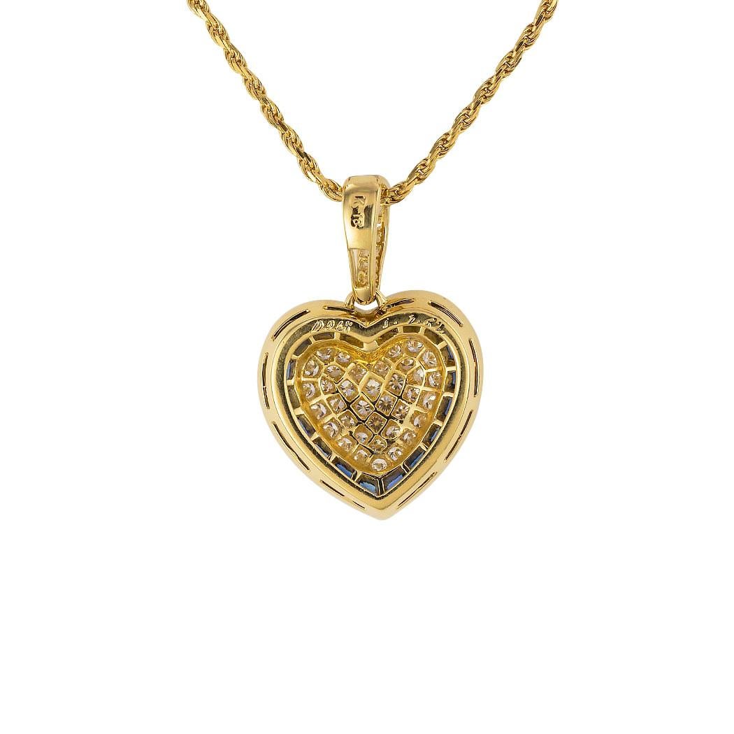 Round Cut Diamond Sapphire Yellow Gold Heart Shaped Pendant Necklace