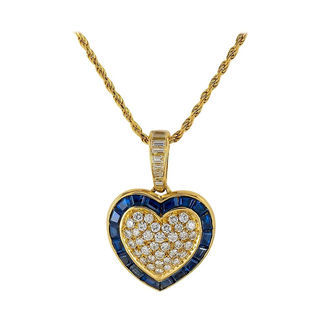Diamond Sapphire Yellow Gold Heart Shaped Pendant Necklace
