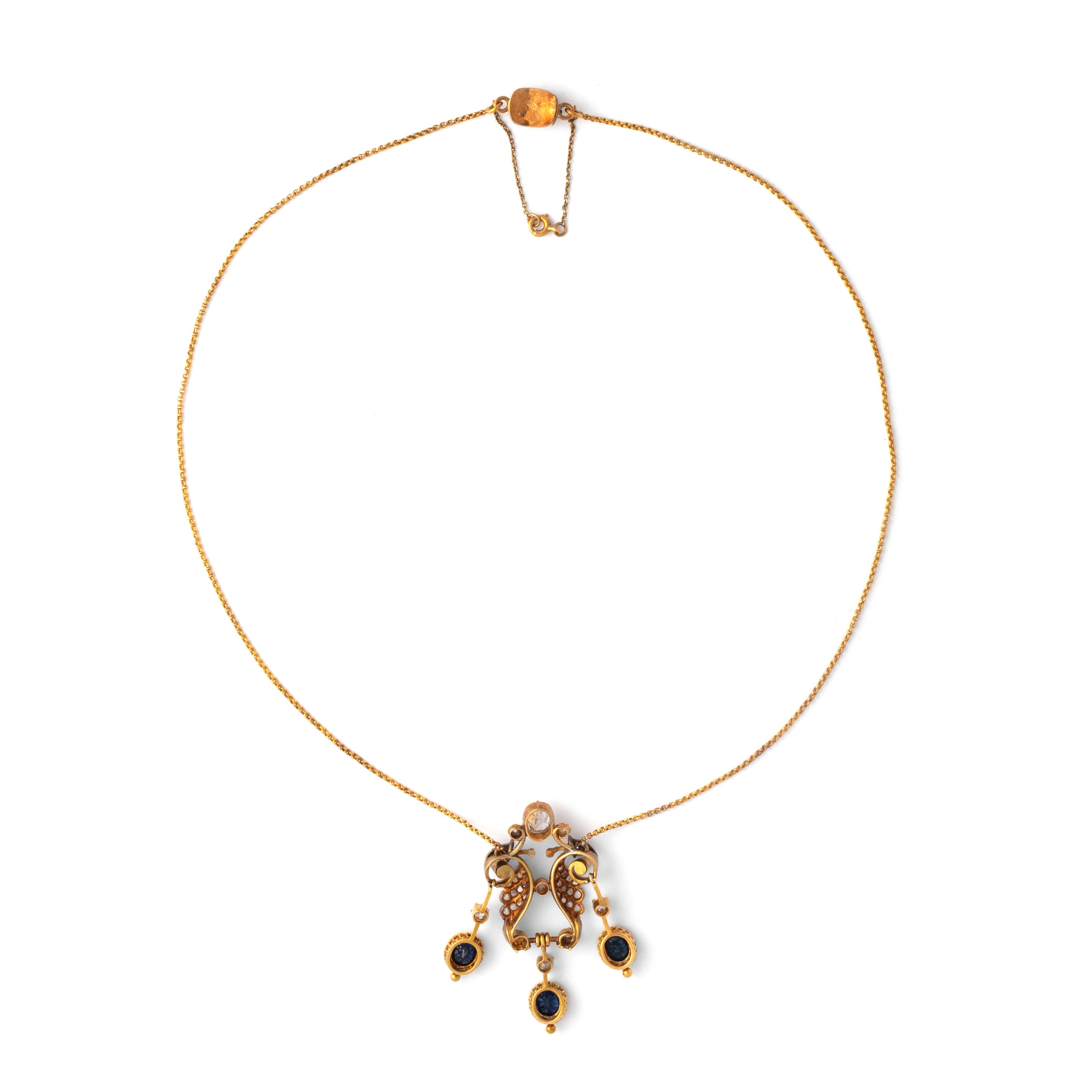 Art Nouveau Diamond Sapphire Yellow Gold Pendant Chain Necklace For Sale