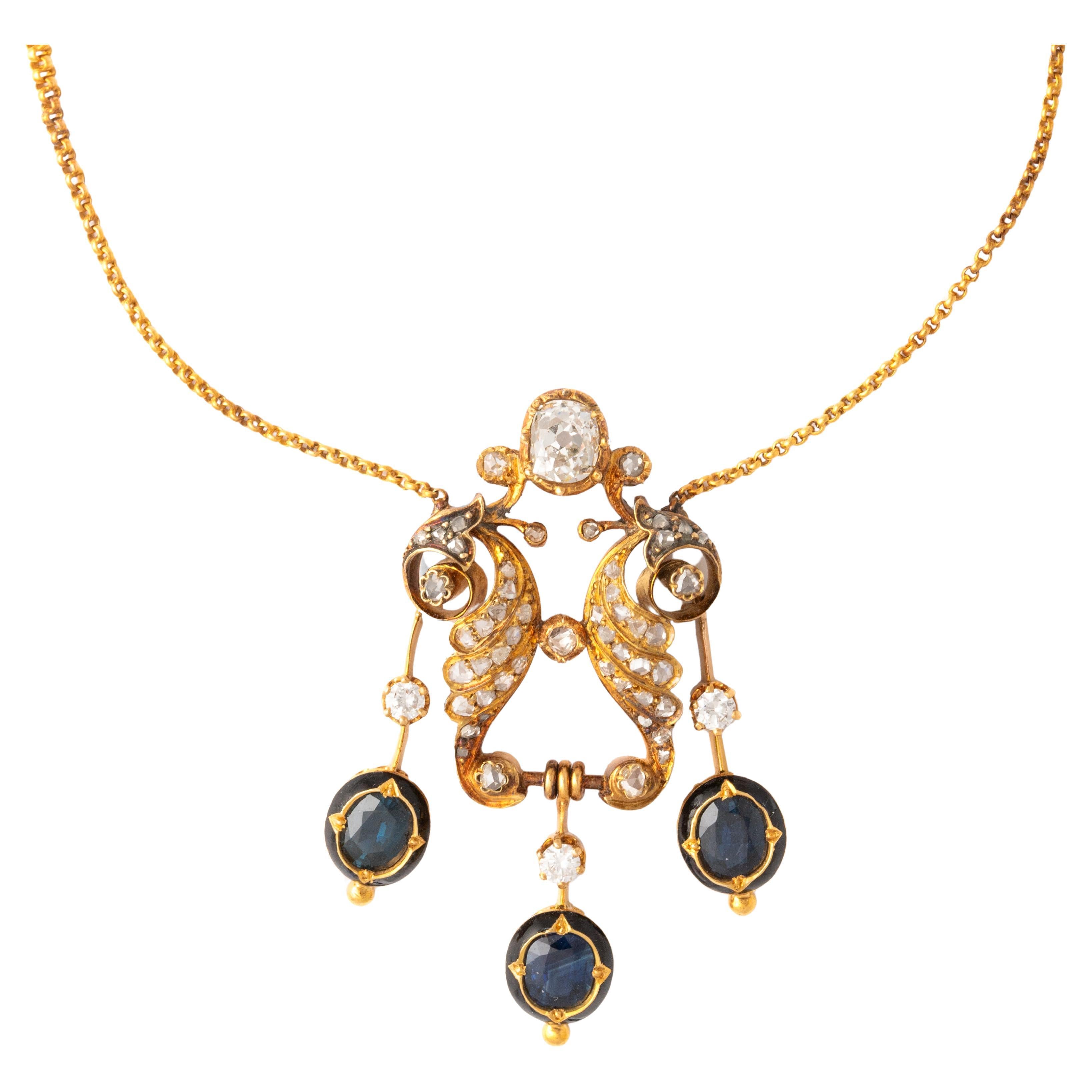 Diamond Sapphire Yellow Gold Pendant Chain Necklace For Sale