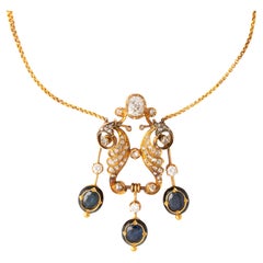 Diamond Sapphire Yellow Gold Pendant Chain Necklace