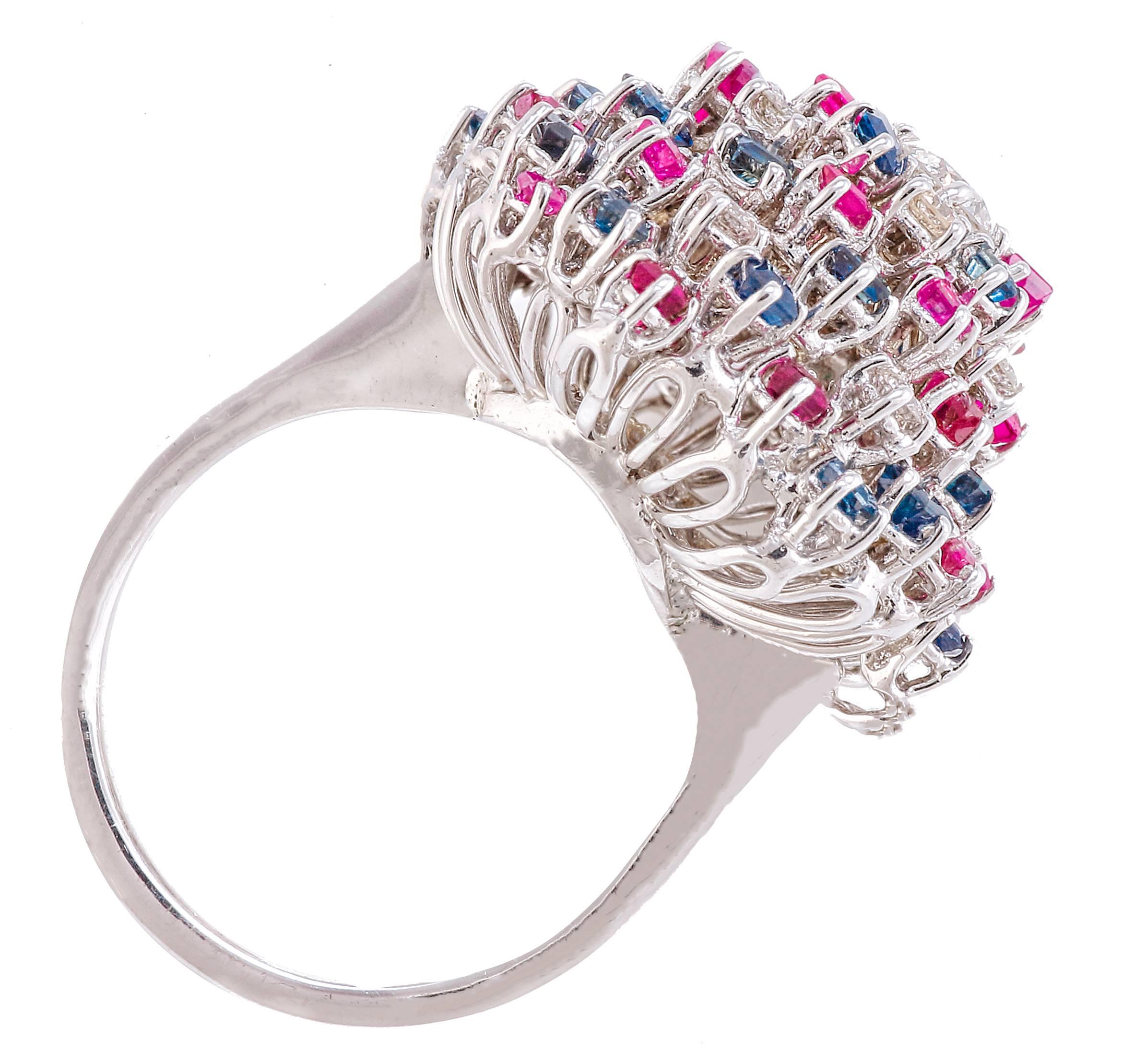 Retro Diamond Sapphires Rubyes 18 kt White Gold Ring For Sale