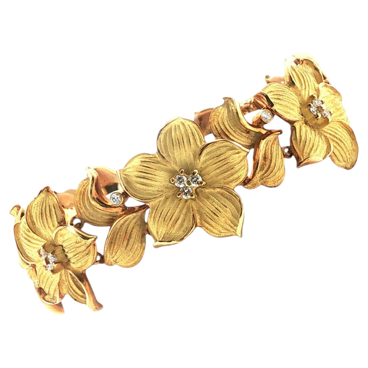 Diamond Satin Finish 18 Karat Yellow Gold Flower Link Bracelet