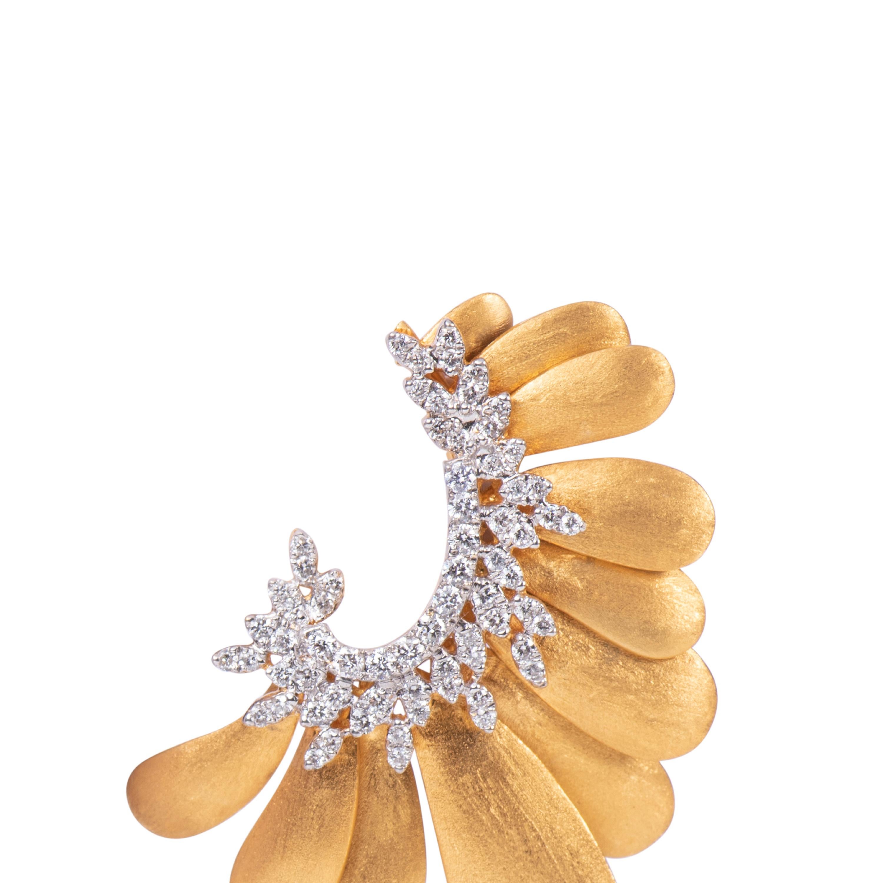 Marquise Cut Diamond Satin Leaf Gold Earring For Sale