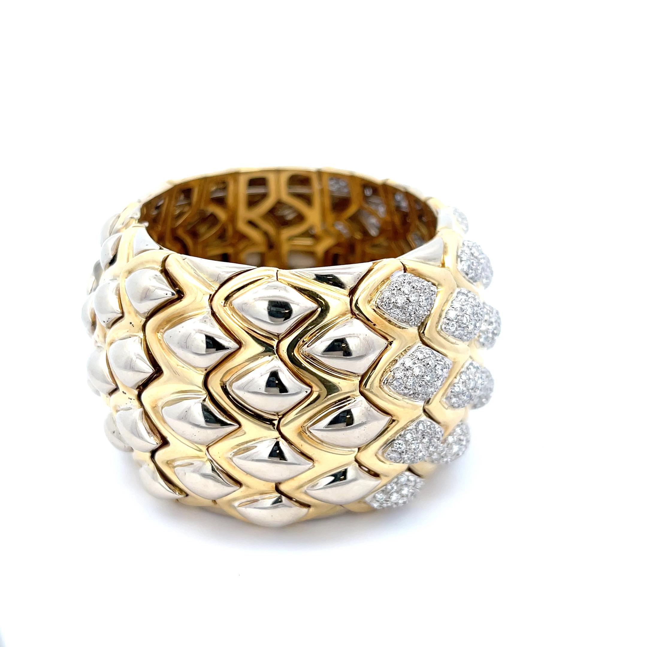 Round Cut Diamond Scale Cuff 18K White and Yellow Gold For Sale