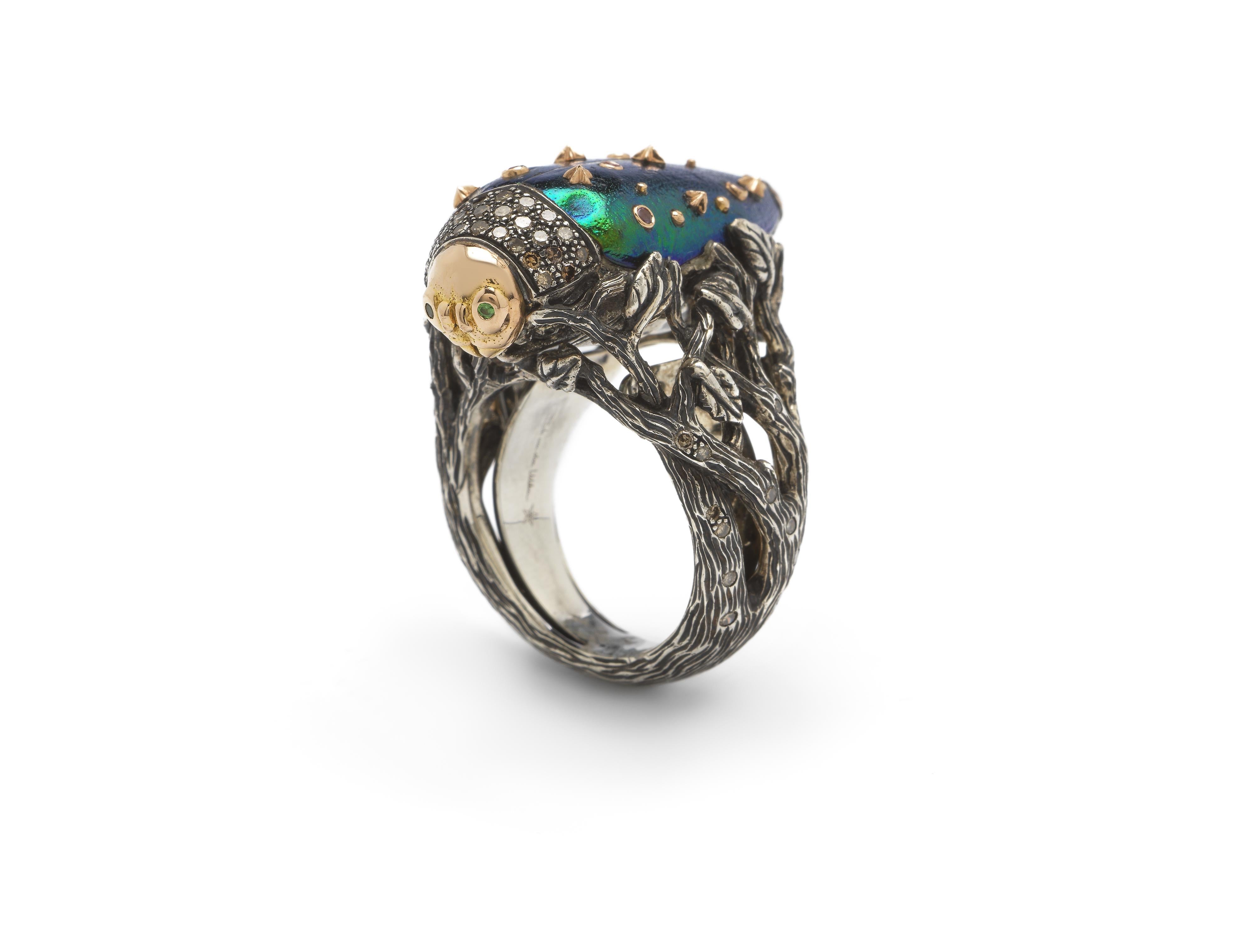 Contemporary Diamond Scarab Stars Ring in Sterling Silver 18 Karat Gold Amethyst and Sapphire For Sale