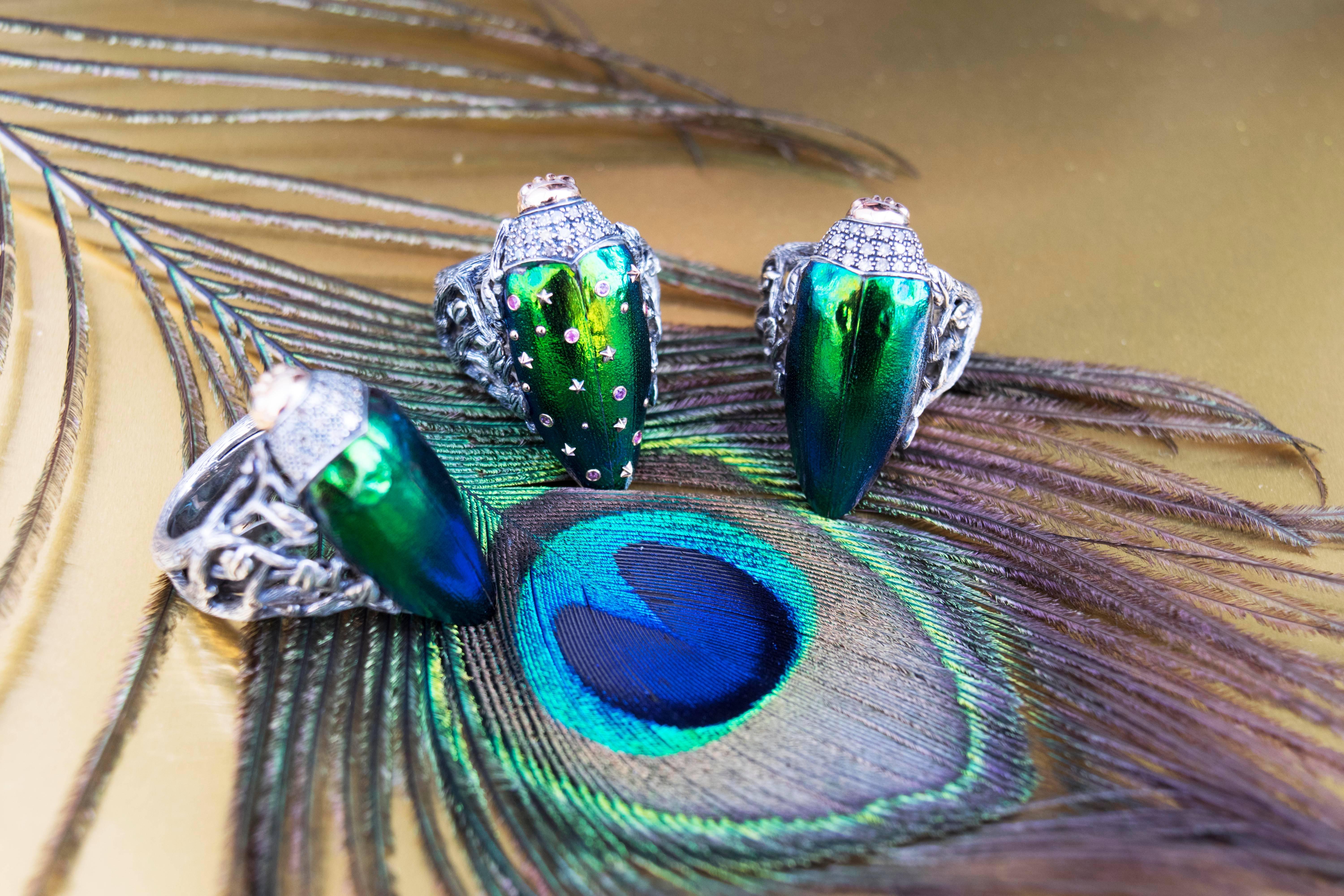 Diamond Scarab Stars Ring in Sterling Silver 18 Karat Gold Amethyst and Sapphire In New Condition For Sale In Amsterdam, NL