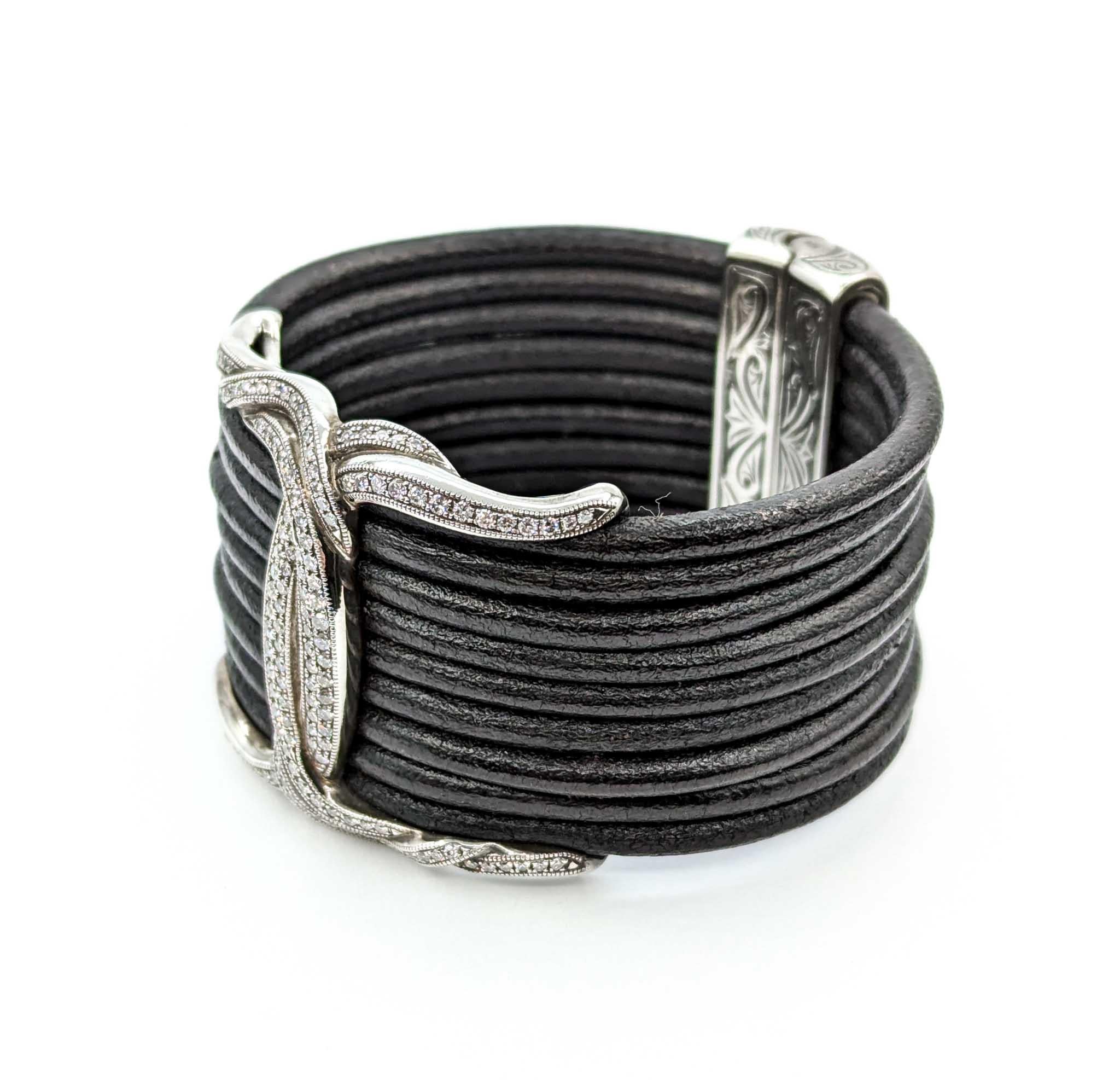 Round Cut Diamond Scott Kay Bracelet in Sterling Silver & Leather