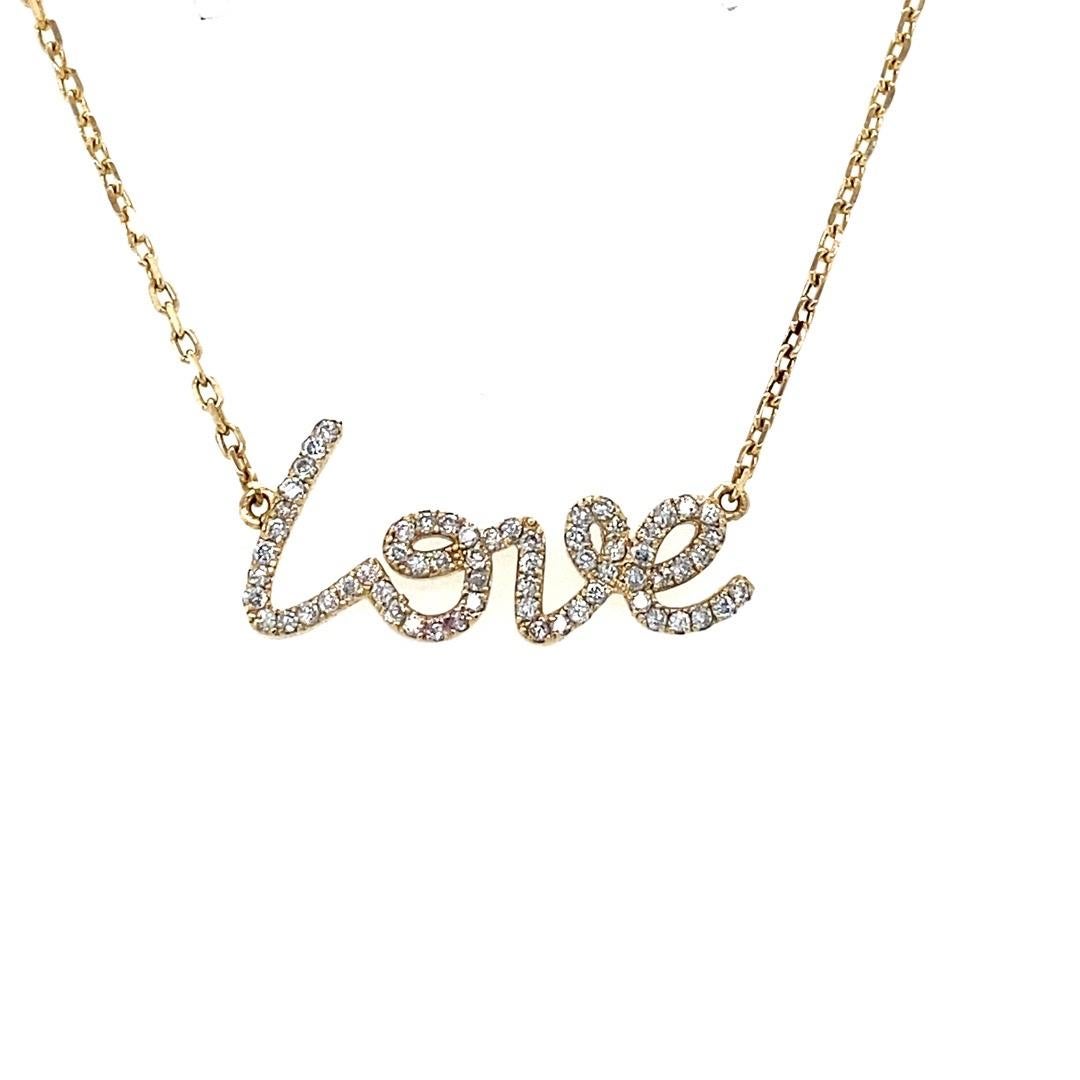 Diamond Script 0.35 Carat Yellow Gold Love Chain Pendant 

Item Specs:
63 Round Cut Diamonds = 0.35 Carats
Clarity: SI2, Color: F
14KY Gold = 3.4 Grams

Great necklace for layering and matching ring is available also