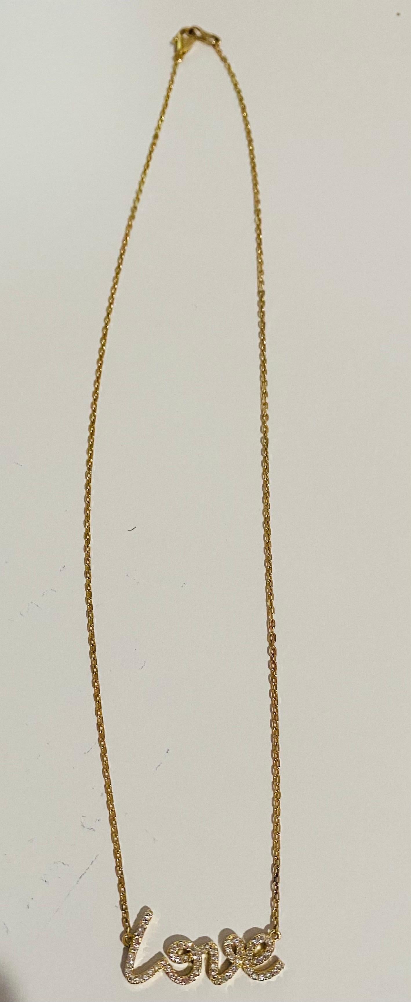Diamond Script 0.35 Carat Yellow Gold Love Chain Pendant In New Condition For Sale In Los Angeles, CA