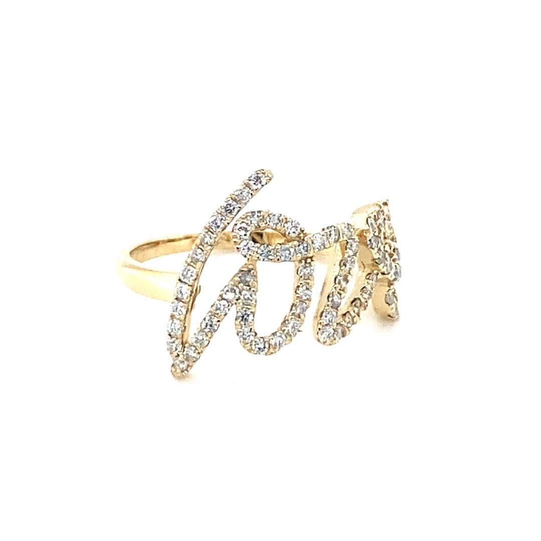 Diamond Script 0.47 Carat Yellow Gold Love Ring

Item Specs:
71 Round Cut Diamonds = 0.47 Carats
Clarity: SI2, Color: F
14KY Gold = 2.5 Grams

**Matching chain pendant available**

Great necklace for layering and matching ring is available also