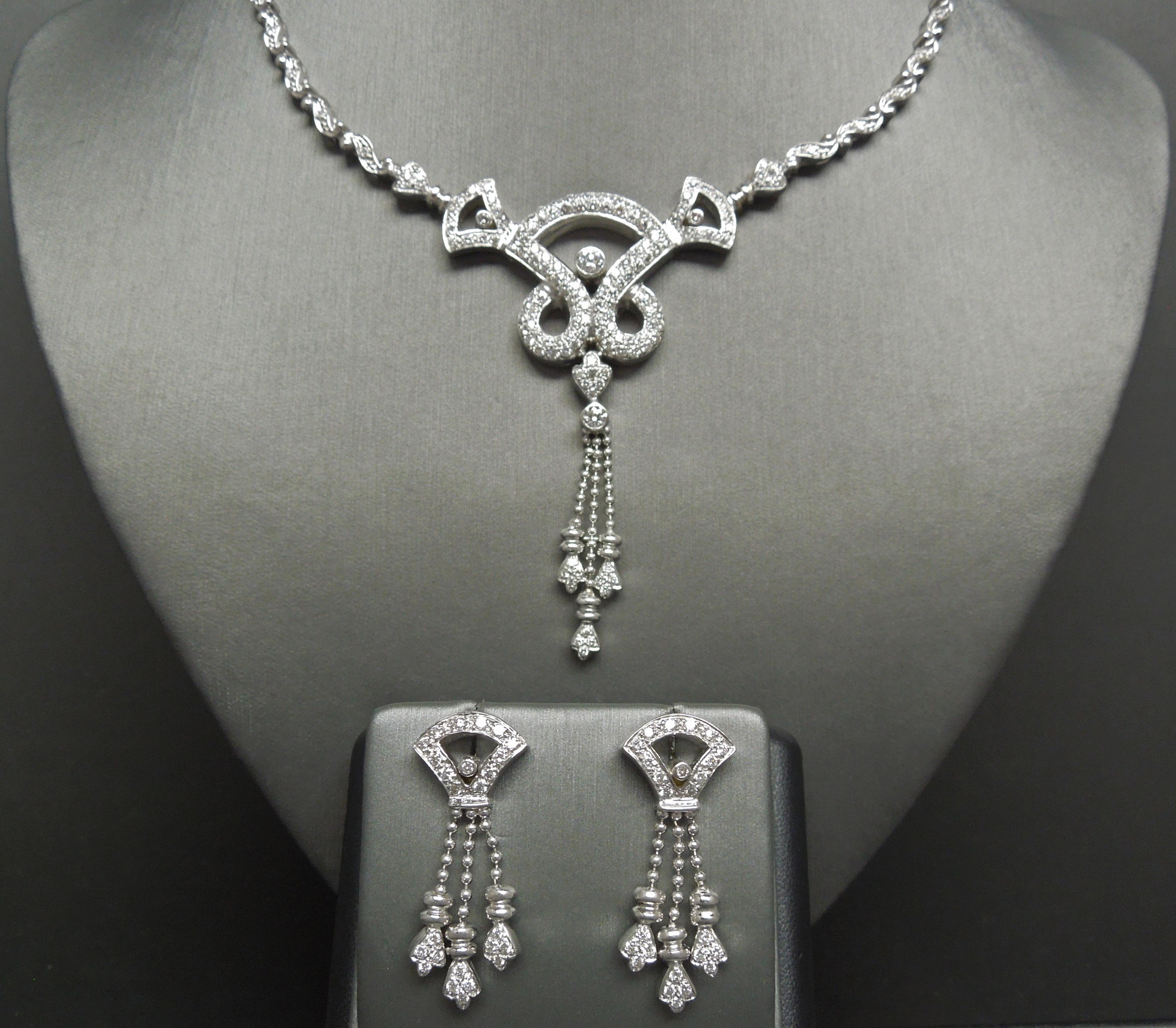 Diamond Scroll Tassel Necklace & Earrings Art Deco Cocktail Set In Excellent Condition For Sale In METAIRIE, LA