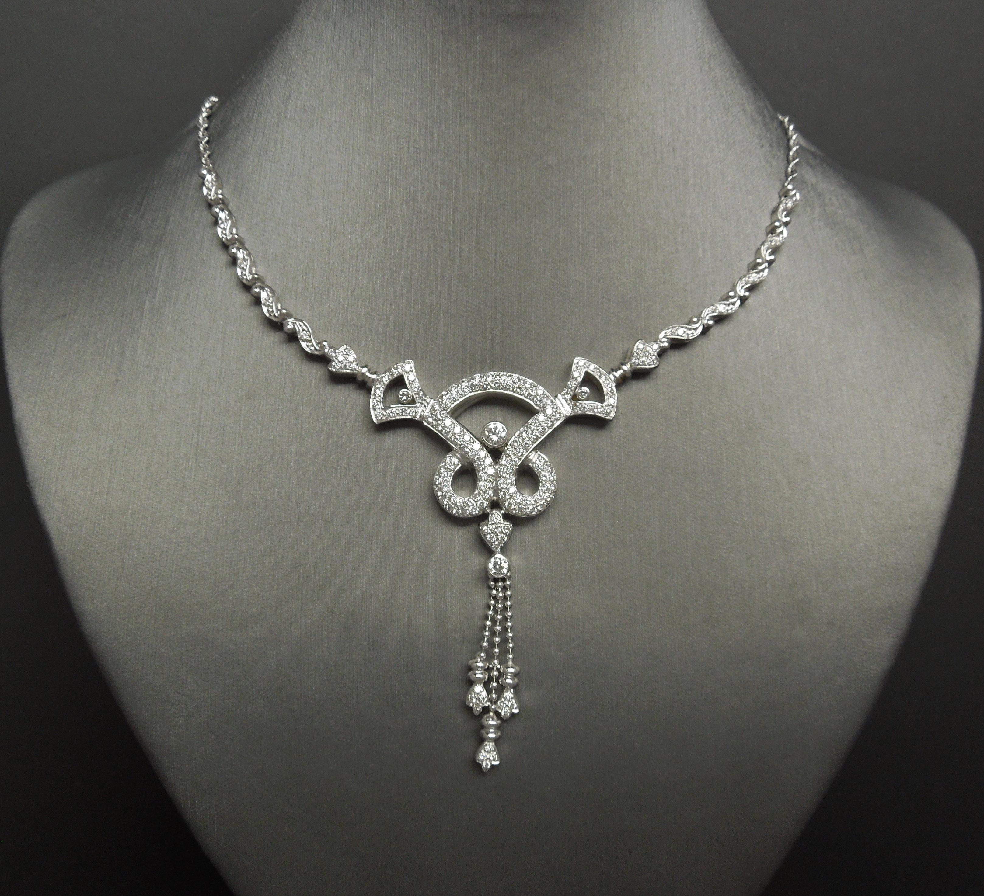Women's or Men's Diamond Scroll Tassel Necklace & Earrings Art Deco Cocktail Set For Sale