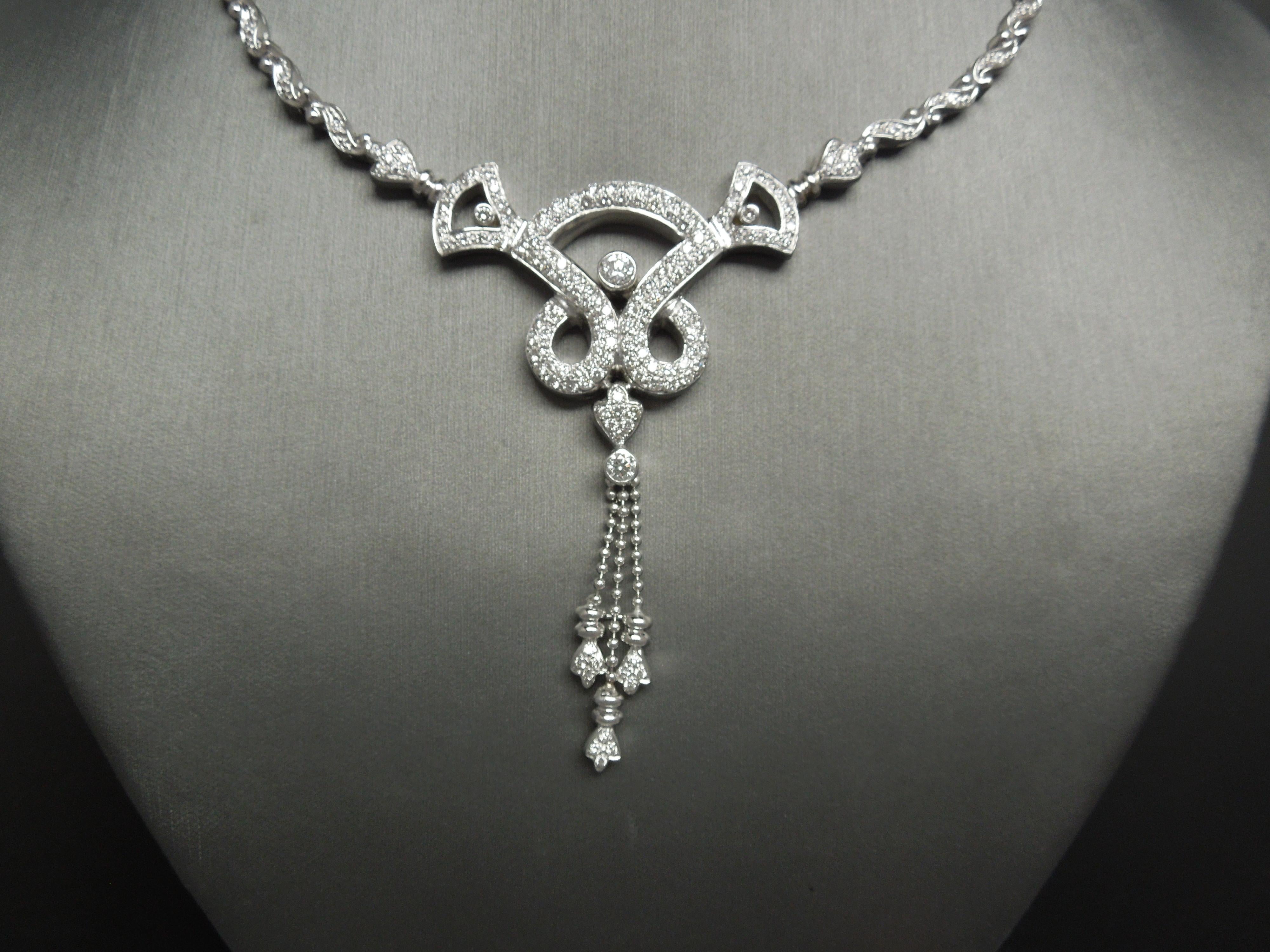 Diamond Scroll Tassel Necklace & Earrings Art Deco Cocktail Set For Sale 1