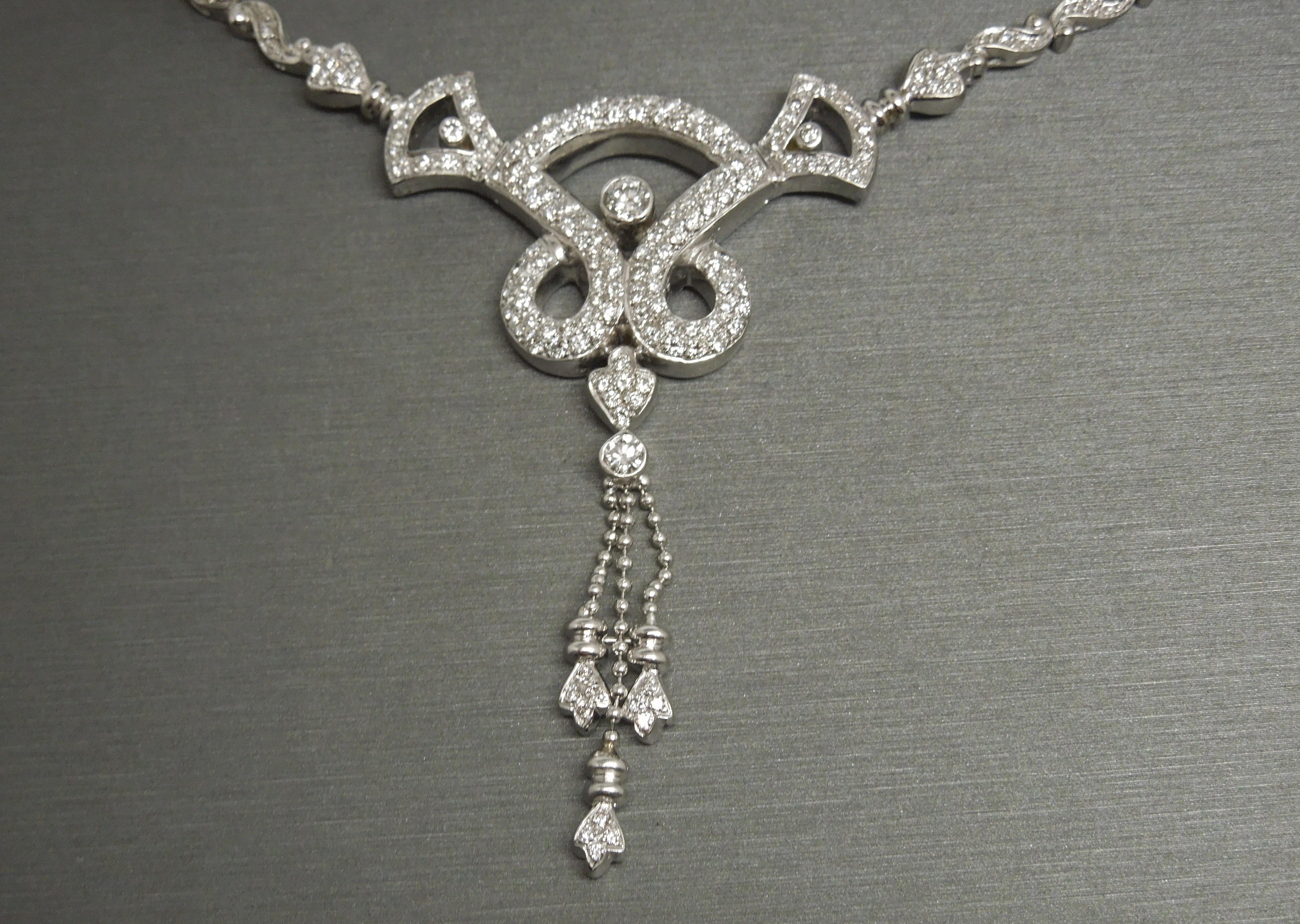 Diamond Scroll Tassel Necklace & Earrings Art Deco Cocktail Set For Sale 2