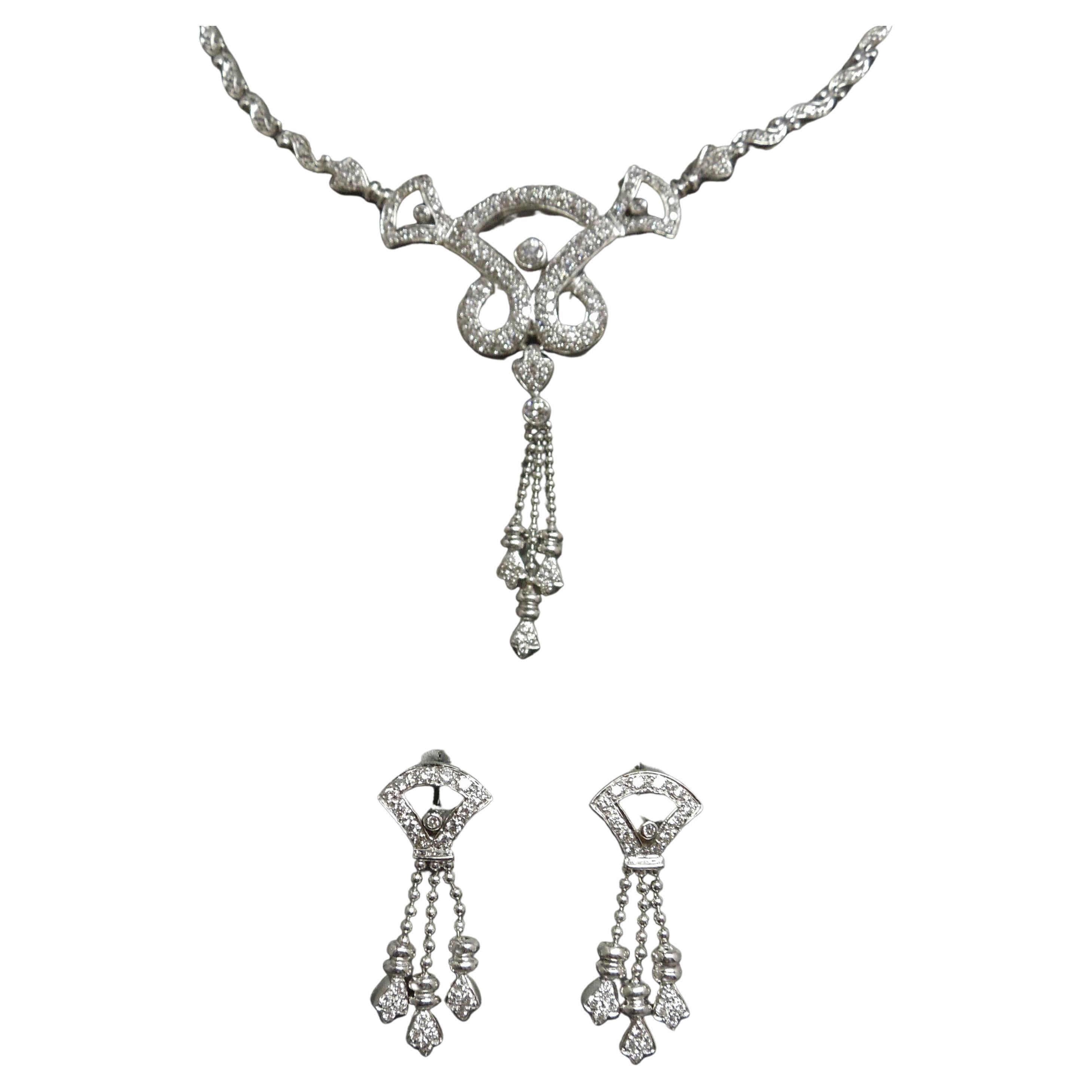 Diamond Scroll Tassel Necklace & Earrings Art Deco Cocktail Set For Sale